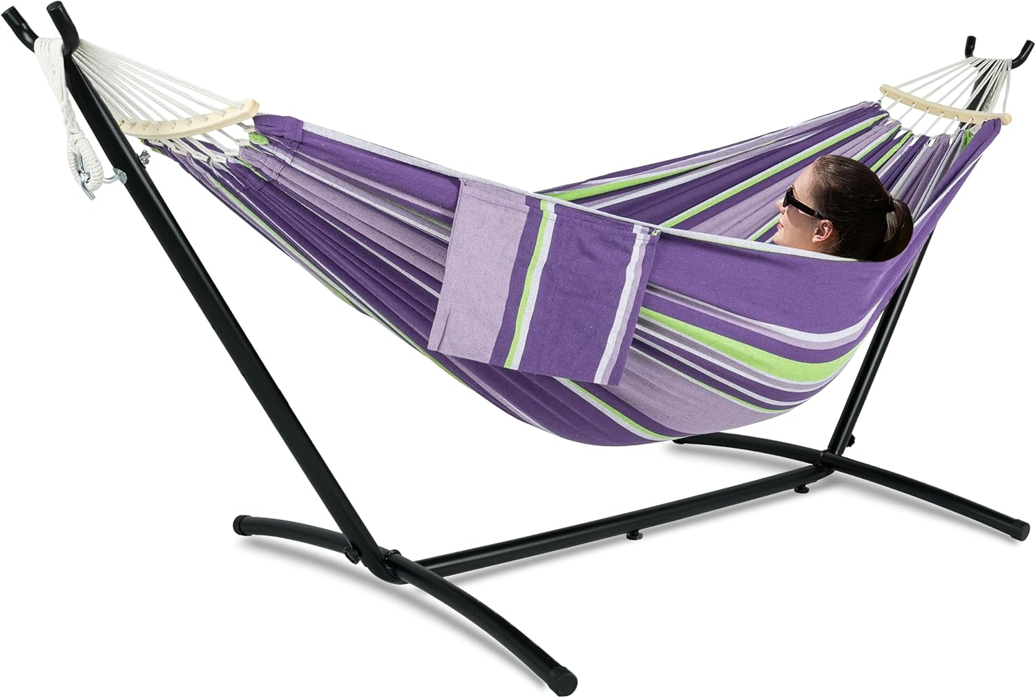 Double Hammock with Stand for Outside, Upgraded Spreader Bar, Heavy Duty Space Saving Steel Stand 2 Person, Convenient Pocket, Easy Assembly, 600lbs Weight Capacity, Indoor & Outdoor
