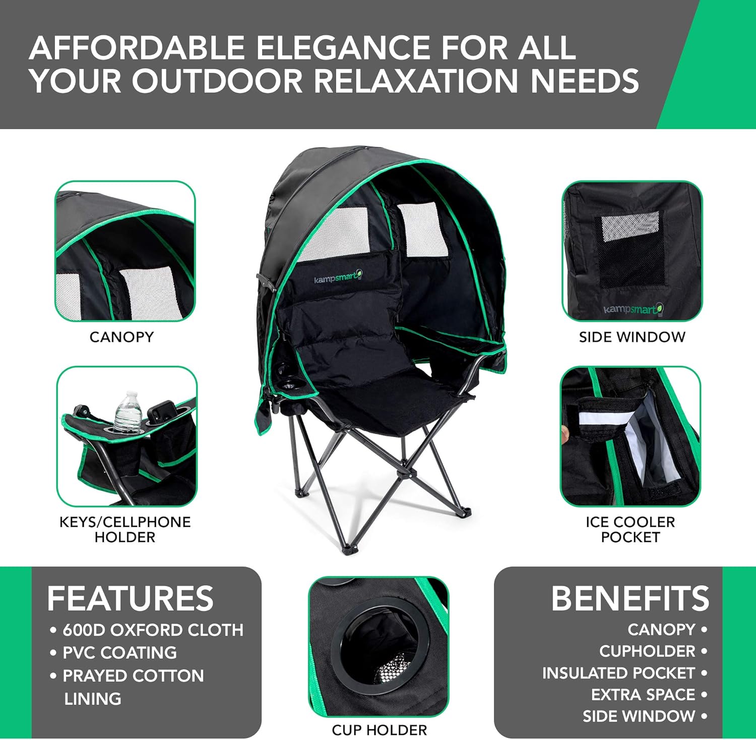 Folding Camping Chair - Outdoor Sun Lounger with Retractable Canopy, UV Protection, Ice Cooler Pocket, Phone Holder, and Storage Bag