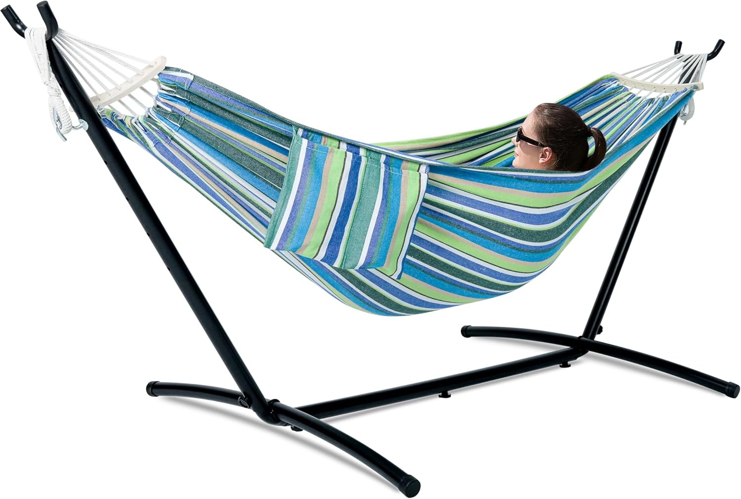 Double Hammock with Stand for Outside, Upgraded Spreader Bar, Heavy Duty Space Saving Steel Stand 2 Person, Convenient Pocket, Easy Assembly, 600lbs Weight Capacity, Indoor & Outdoor