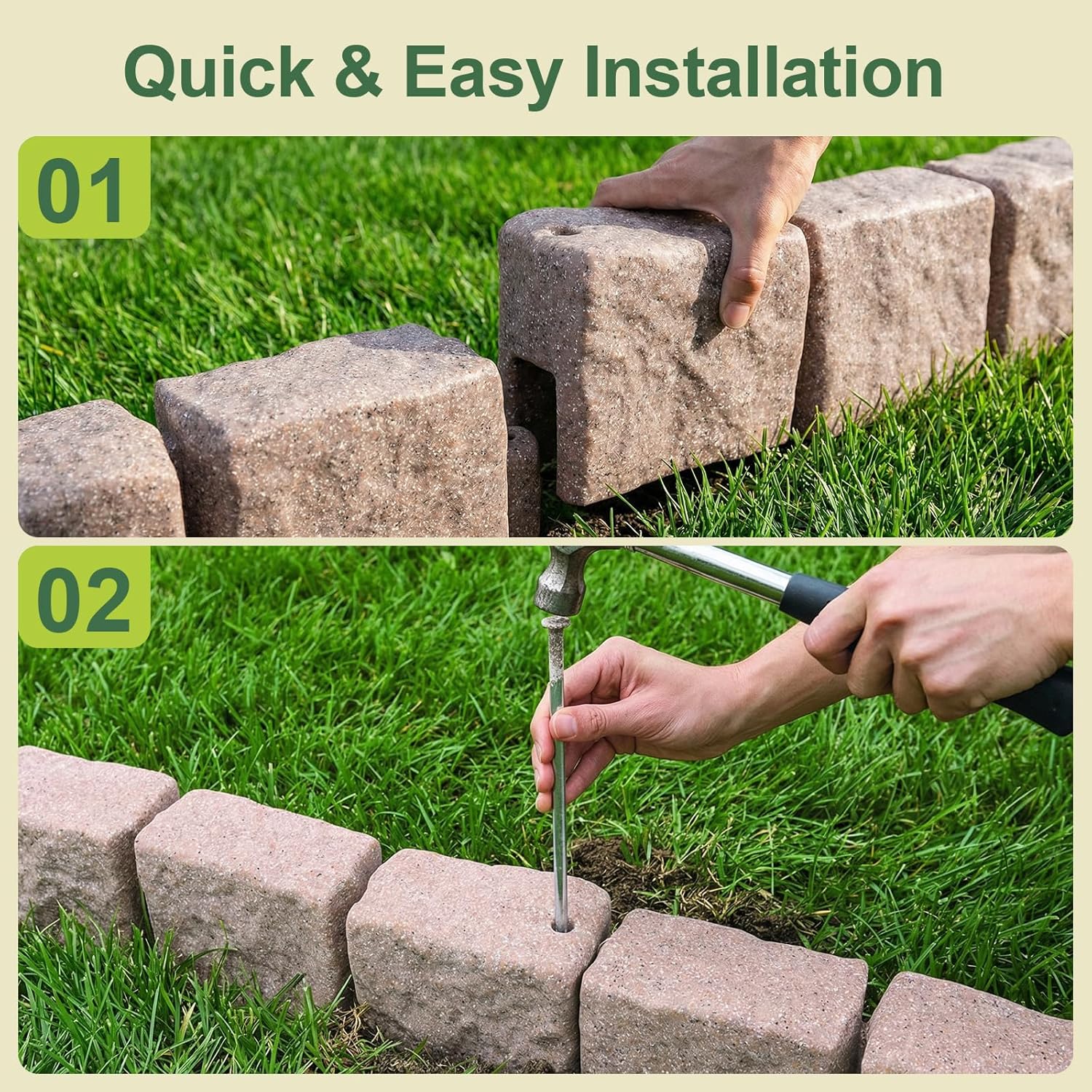 Faux Stone Landscape Edging Decorative Stone-Look Garden Border with 24 Pieces Spikes 12pcs for DIY Outdoor Yard Landscaping