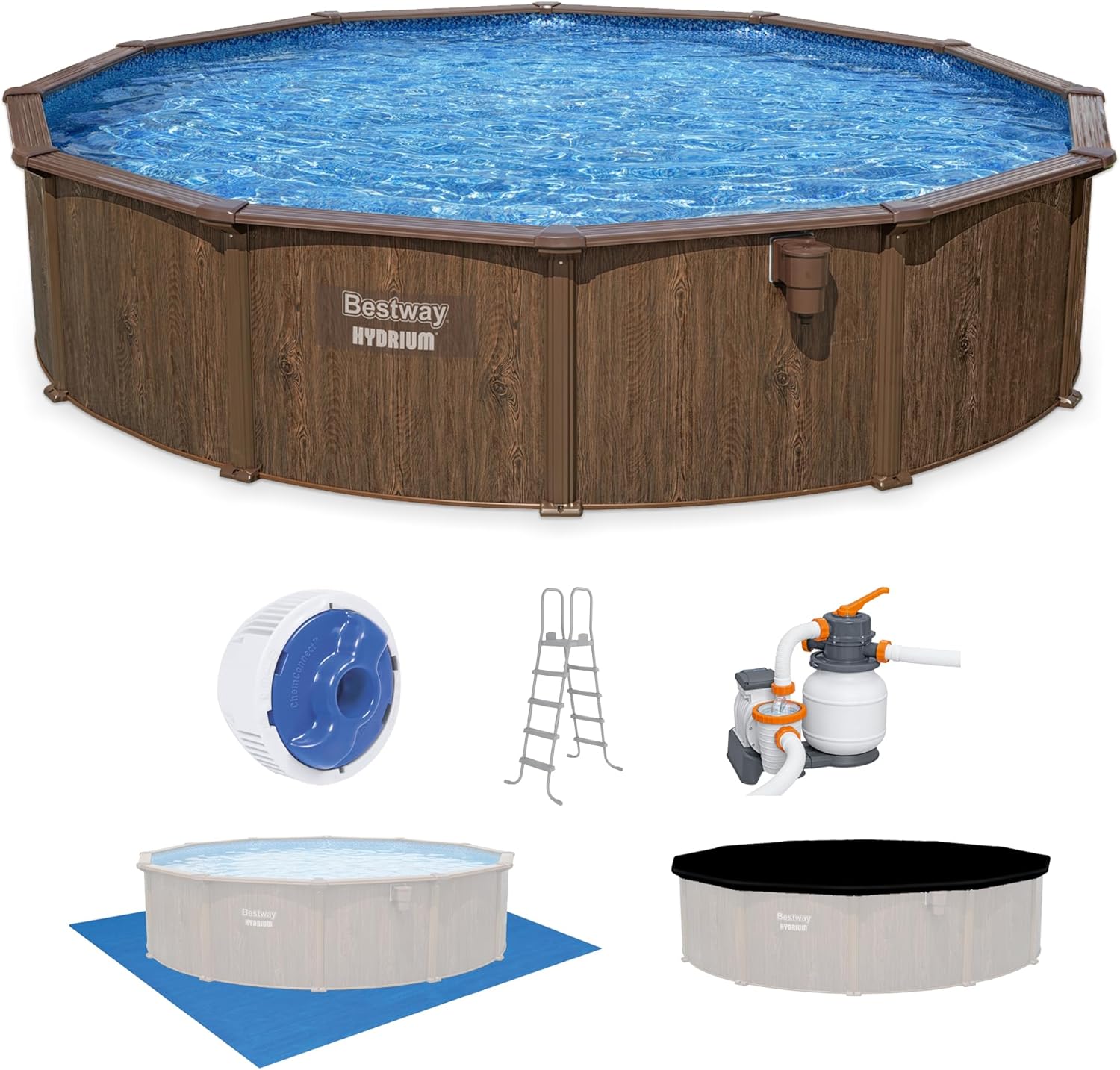 Hydrium Above Ground Swimming Pool, 15' x 48" Round Steel Wall Pool Set with Sand Filter Pump, Chemical Dispensers, and Accessories