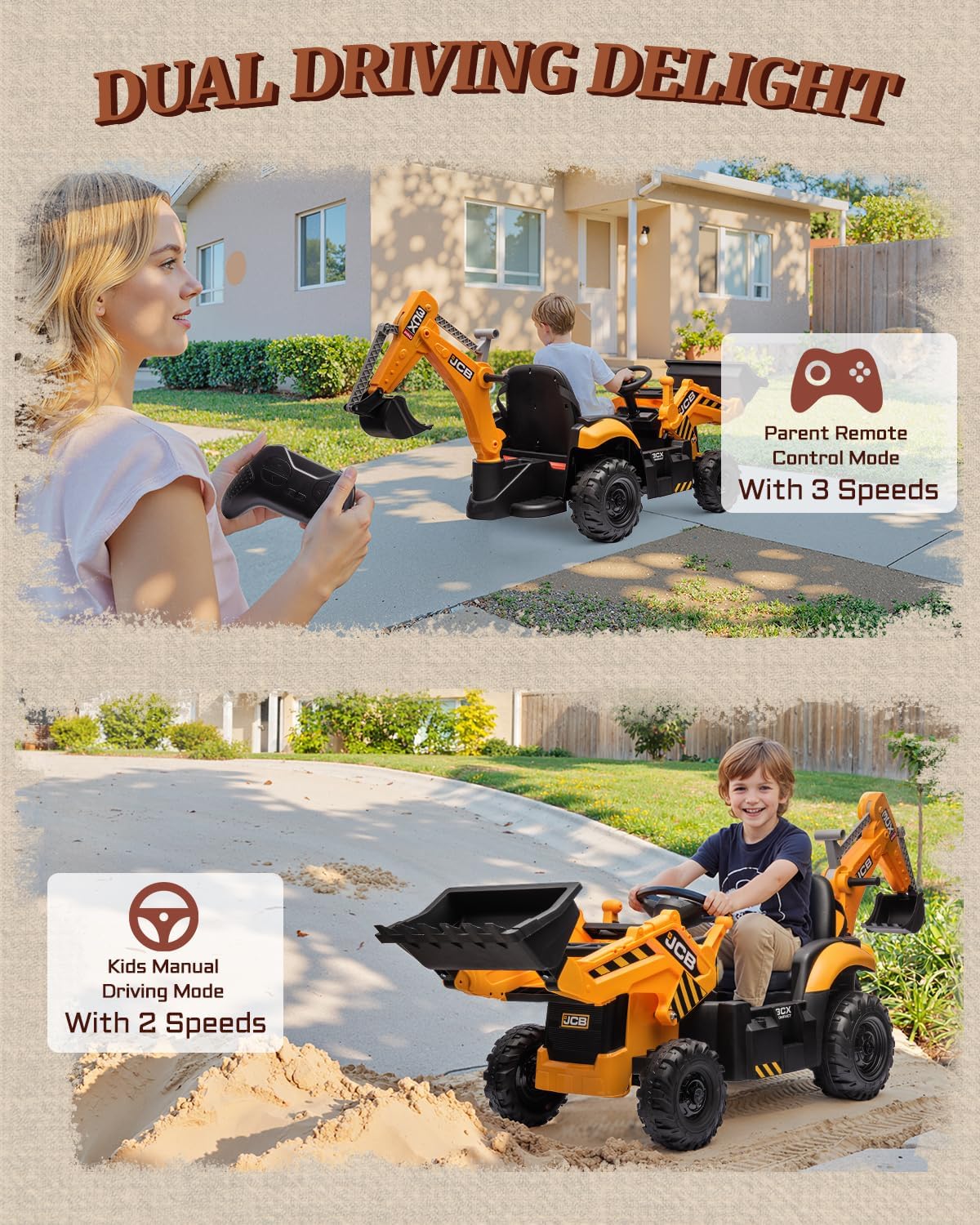 24V Excavator Ride On Toys for Kids, Backhoe Digger Toy with Reversible Seat