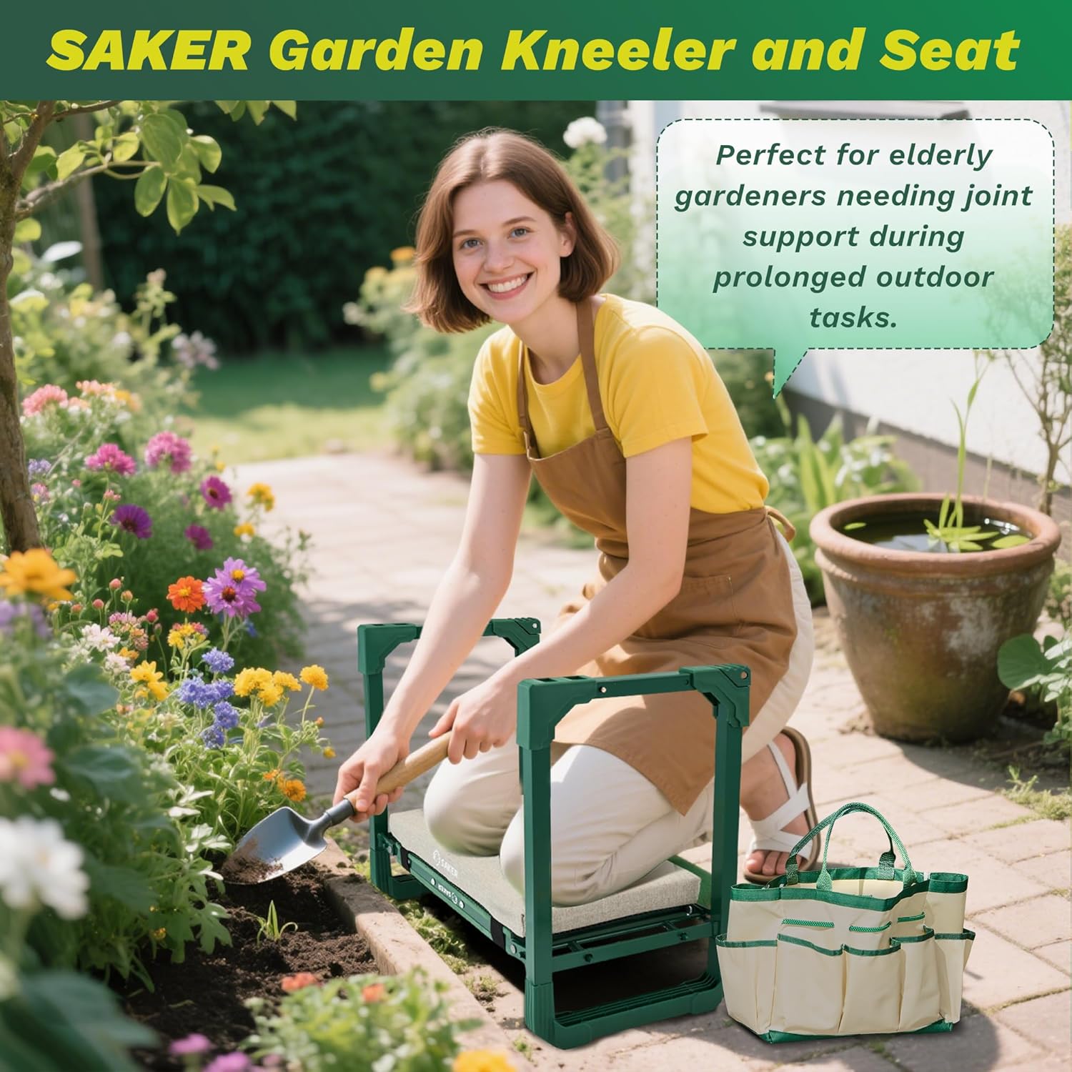 Garden Kneeler and Seat Foldable Gardening Stool with Extendable Legs & Thickened Pad, Tool/Storage Bag, Heavy Duty 400lbs Support for Elderly, Gardening, Outdoor Use