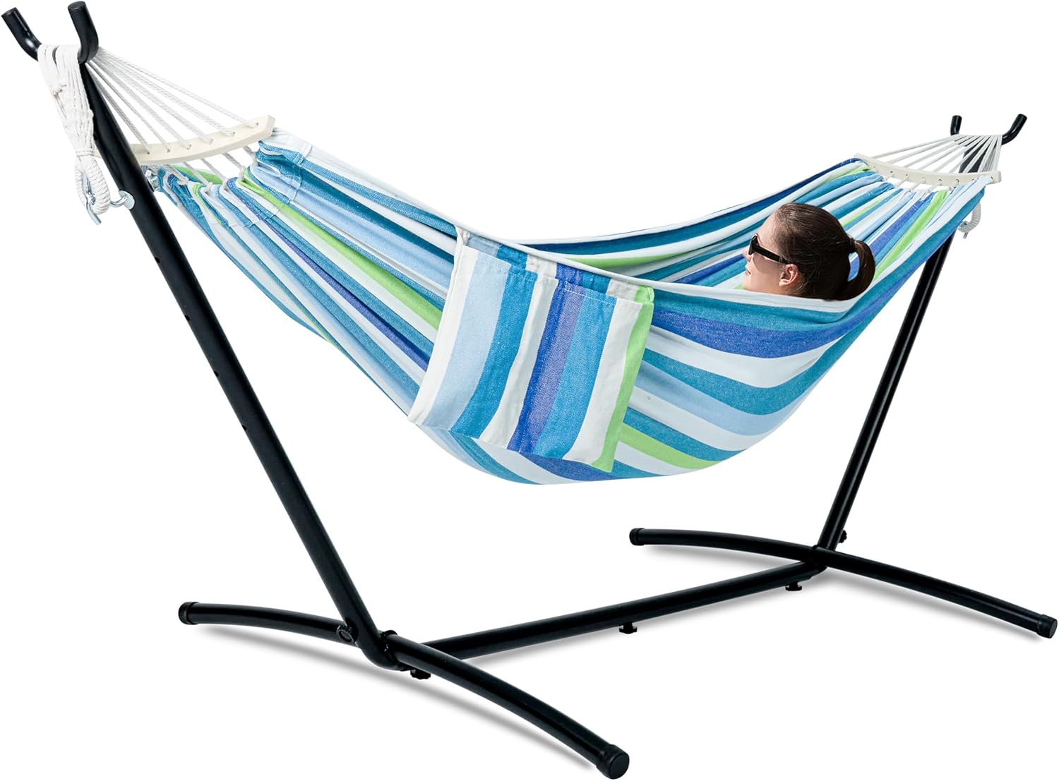 Double Hammock with Stand for Outside, Upgraded Spreader Bar, Heavy Duty Space Saving Steel Stand 2 Person, Convenient Pocket, Easy Assembly, 600lbs Weight Capacity, Indoor & Outdoor
