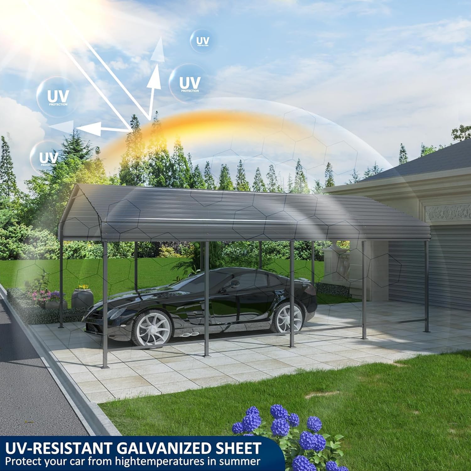 Heavy Duty Car Port Canopy with Reinforced Base and Galvanized Steel Roof & Frame, 2 Car Garage Shelter for Car, Boats and Trucks