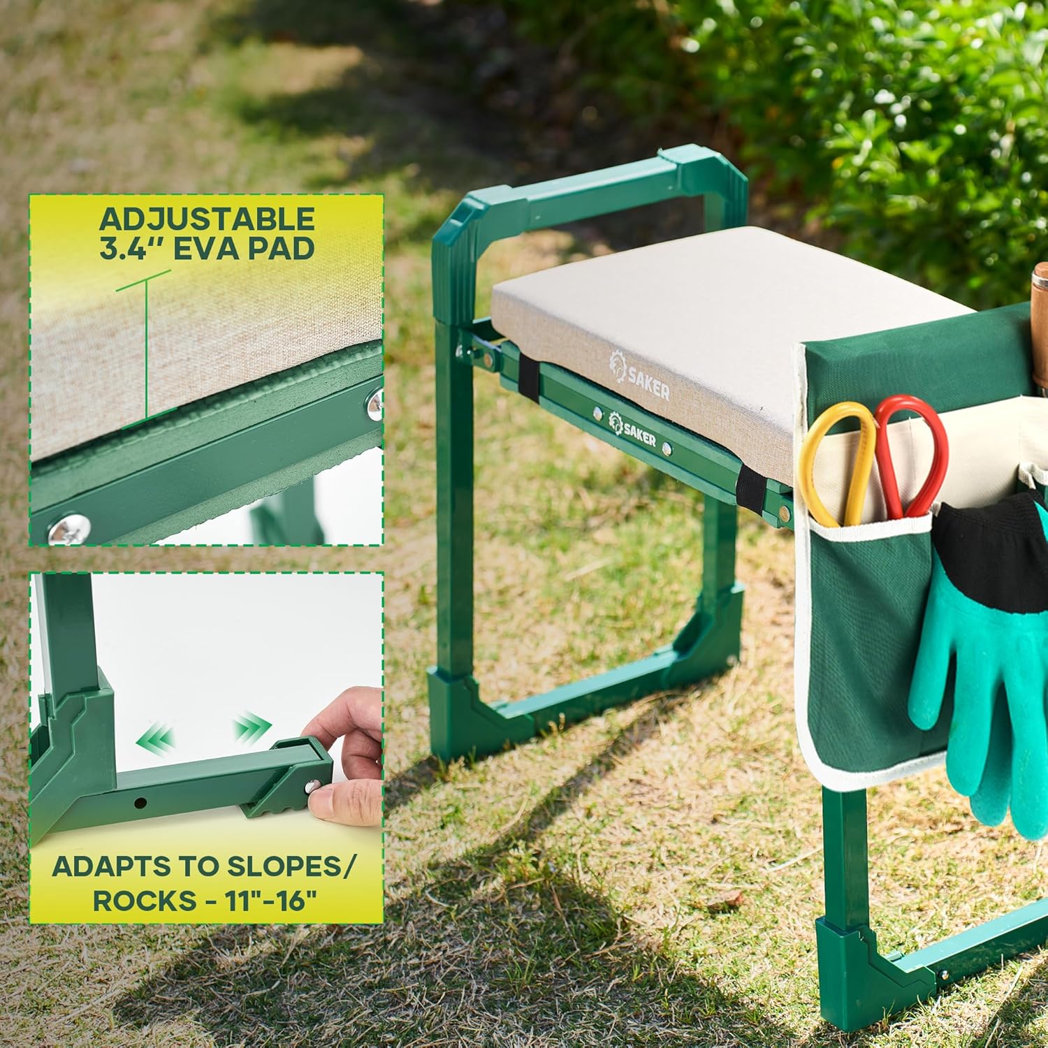 Garden Kneeler and Seat Foldable Gardening Stool with Extendable Legs & Thickened Pad, Tool/Storage Bag, Heavy Duty 400lbs Support for Elderly, Gardening, Outdoor Use