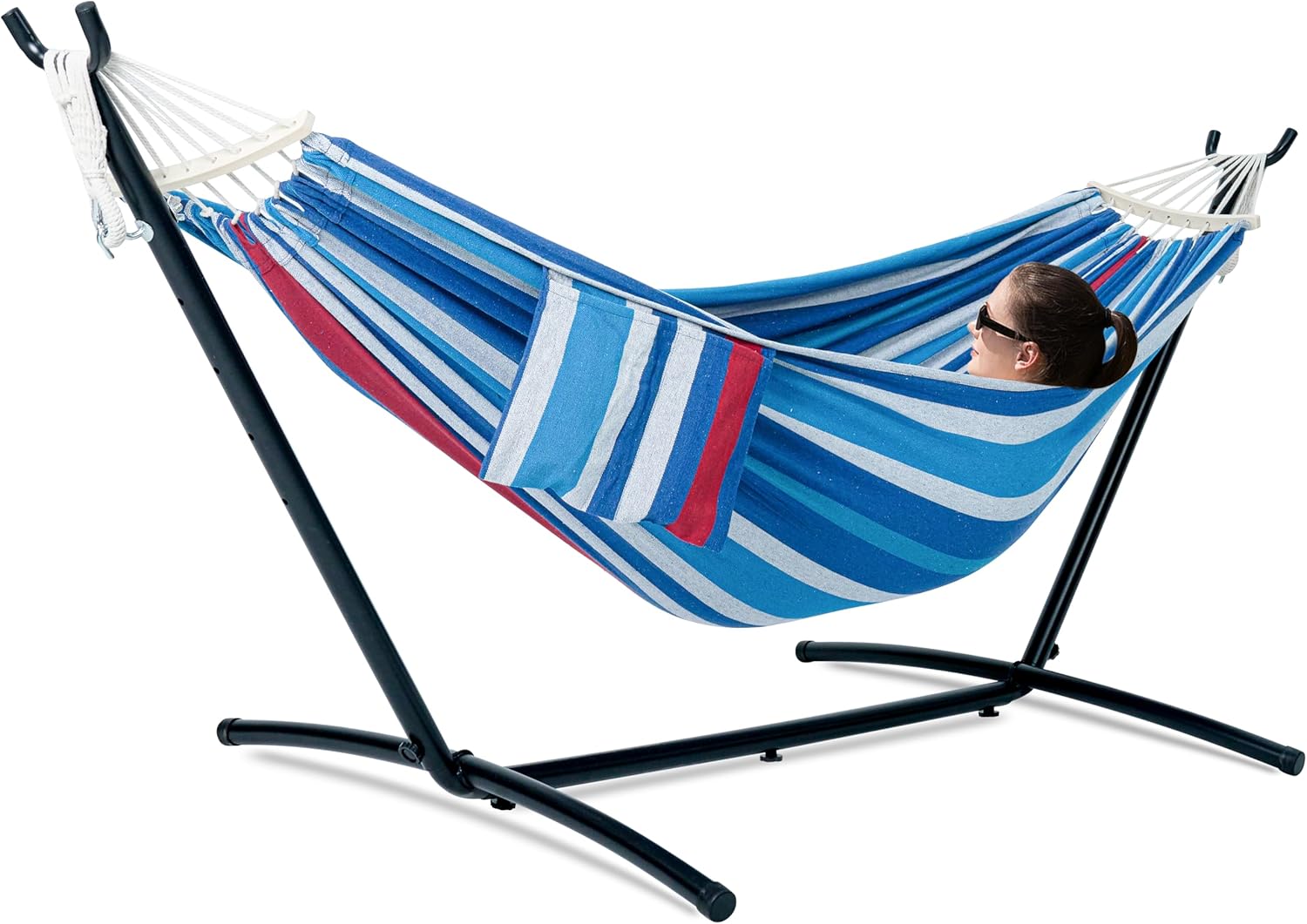 Double Hammock with Stand for Outside, Upgraded Spreader Bar, Heavy Duty Space Saving Steel Stand 2 Person, Convenient Pocket, Easy Assembly, 600lbs Weight Capacity, Indoor & Outdoor