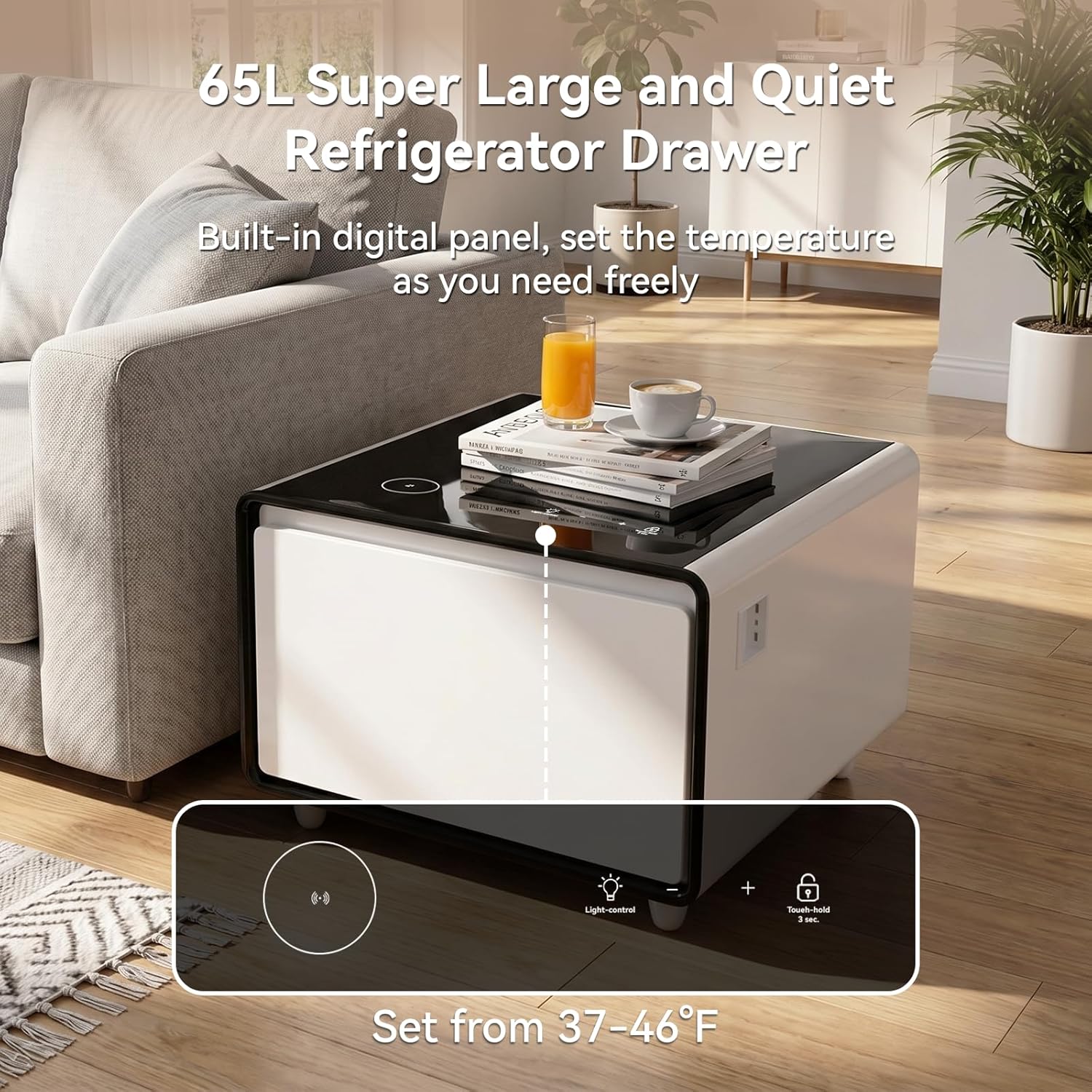 Smart Side Table, Nightstand with Built in Fridge, 27.7" D x 26.3" W x 18.1" H, Mini Coffee Table with 15W Wireless Charging, Modern End Table with USB Chargers and Outlets