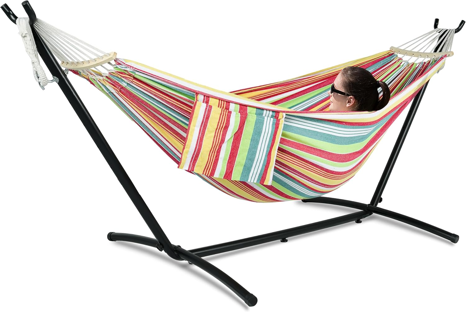 Double Hammock with Stand for Outside, Upgraded Spreader Bar, Heavy Duty Space Saving Steel Stand 2 Person, Convenient Pocket, Easy Assembly, 600lbs Weight Capacity, Indoor & Outdoor