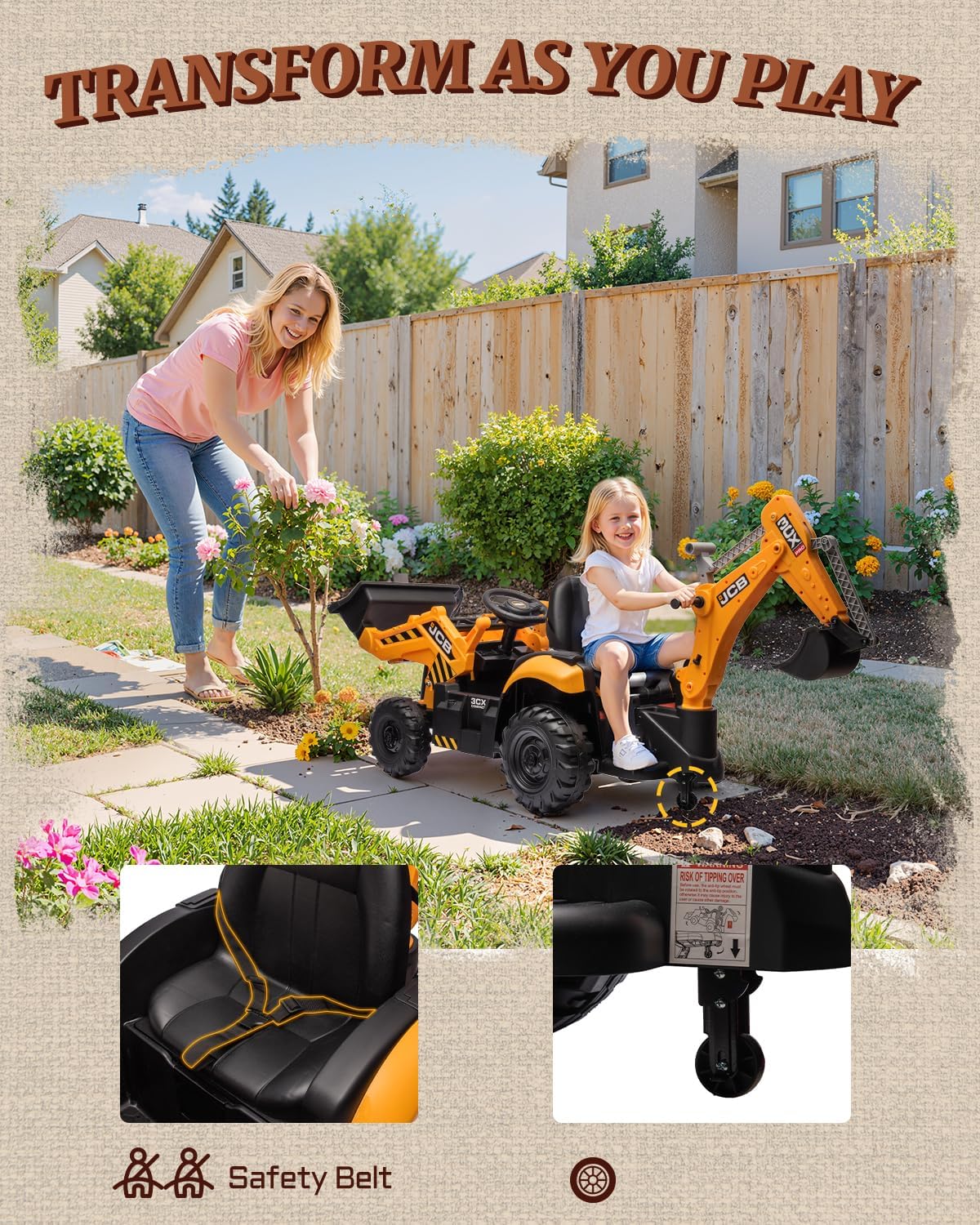 24V Excavator Ride On Toys for Kids, Backhoe Digger Toy with Reversible Seat