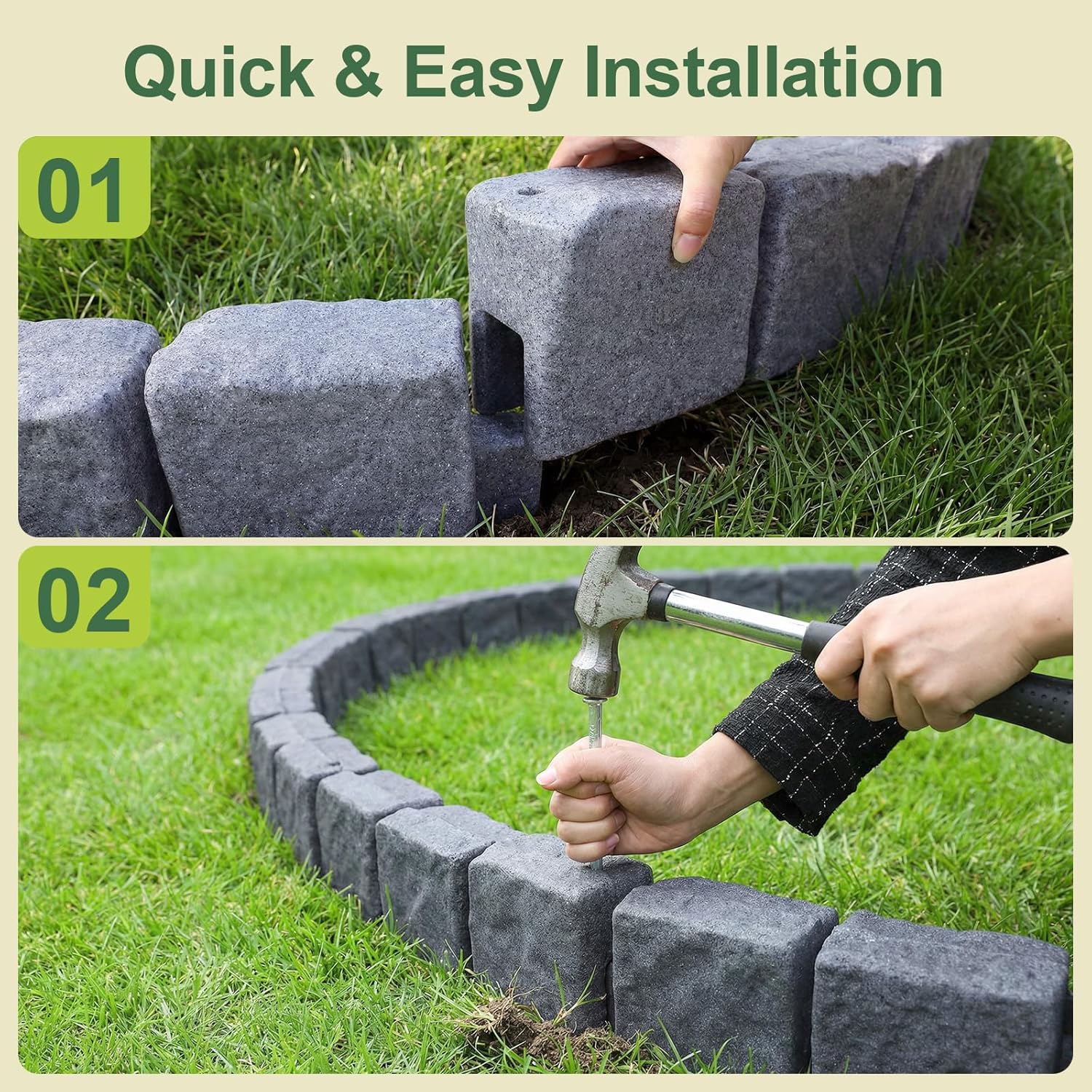 Faux Stone Landscape Edging Decorative Stone-Look Garden Border with 24 Pieces Spikes 12pcs for DIY Outdoor Yard Landscaping