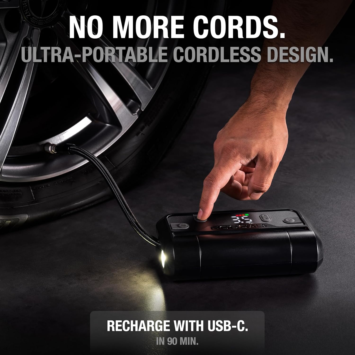 Cordless Tire Inflator – Portable Rechargeable Air Compressor with USB-C – 17 LPM Inflates 0–40 PSI in 7 Minutes – Digital Gauge + Auto-Shutoff