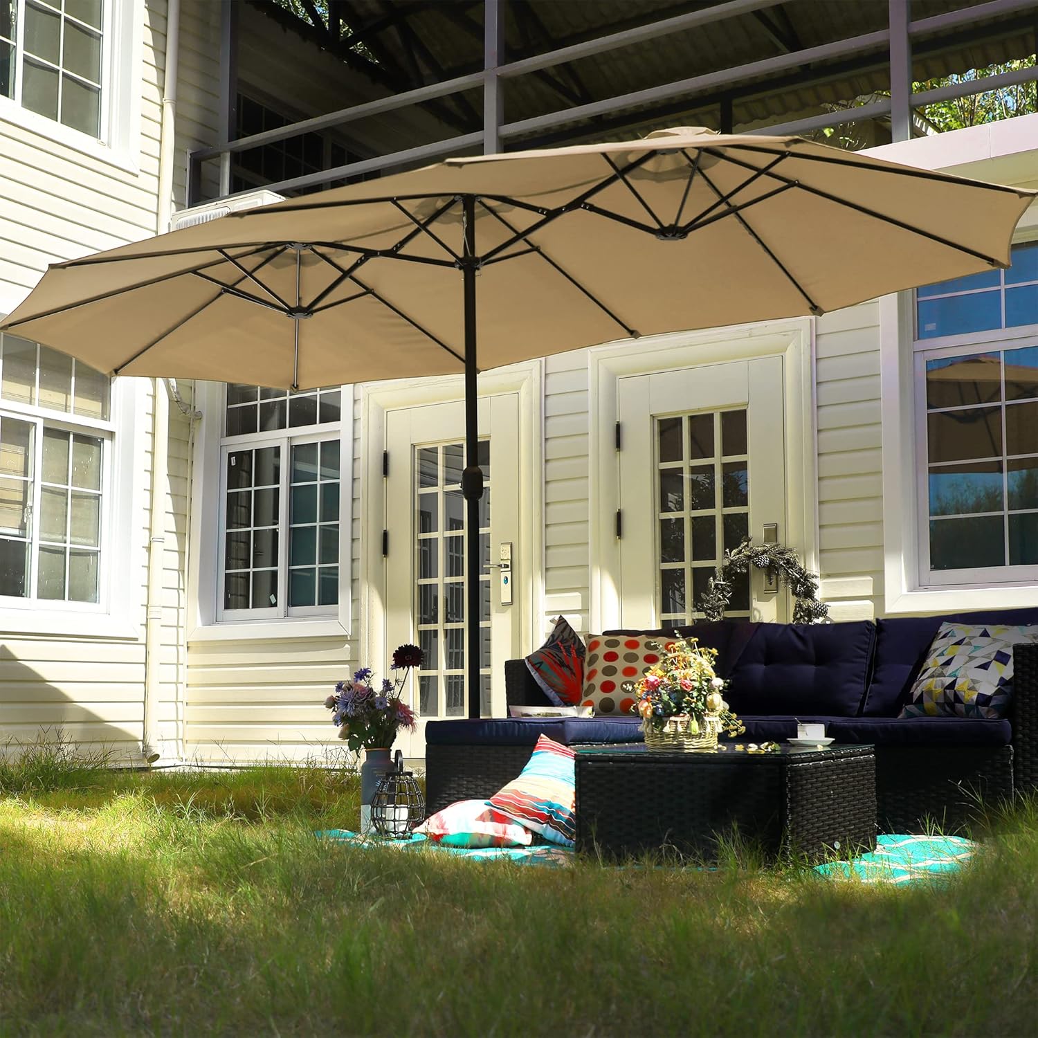 15ft Large Patio Umbrellas with Base, Outdoor Double-Sided Rectangle Market Umbrella for Pool Lawn Garden, Mint Green