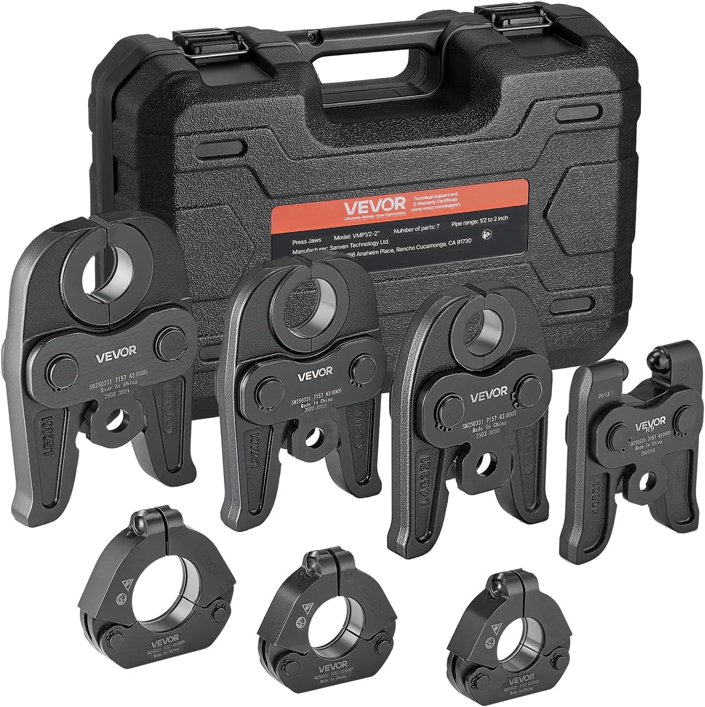 7PCS Pressing Kit 1/2" to 2" - 3PCS Press Jaws, 3PCS Press Rings, 1PCS Actuator for  Carbon Steel Pipes, Compatible with Standard Press Tools - with Case