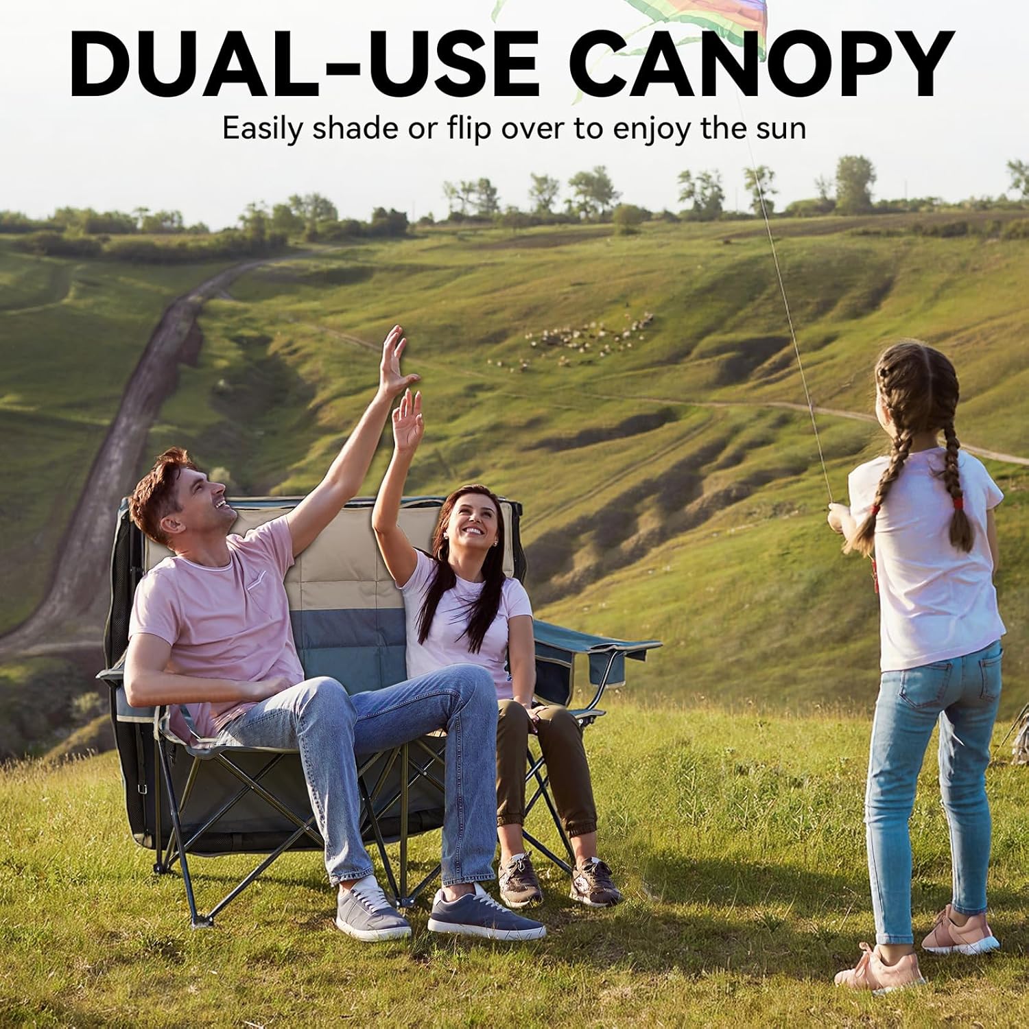 Double Beach Chair With Canopy Shade Camping Chair With Canopy Oversized Double Camping Chair With Canopy Folding Loveseat Chair With Two Cup Holders and Cooler Bag For Camping,Beach, Fishing