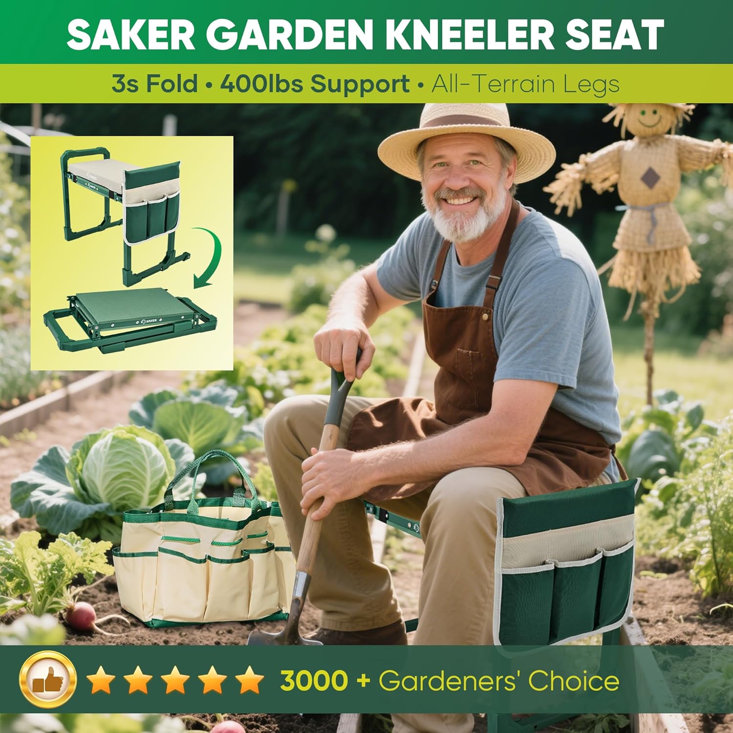 Garden Kneeler and Seat Foldable Gardening Stool with Extendable Legs & Thickened Pad, Tool/Storage Bag, Heavy Duty 400lbs Support for Elderly, Gardening, Outdoor Use