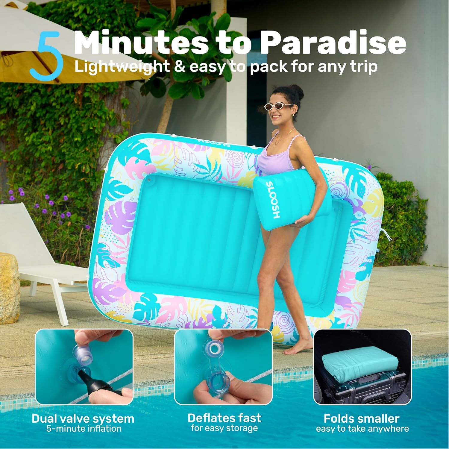 Inflatable Tanning Pool Lounger Float, 70" x 46" Pool Floats Adult with Pillow, 4 in 1 Suntan Tub Raft Floatie,Sunbathing Bed Lounge for Water Blow Up Ball Pit Party Gifts