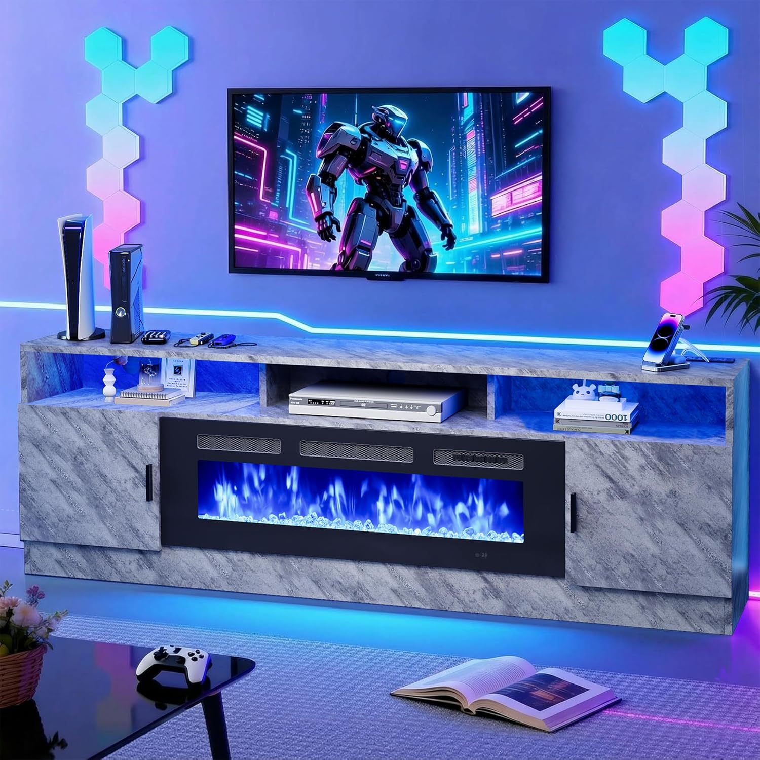 80" Fireplace TV Stand with Power Outlet, Entertainment Center with 36" Fireplace for TVs Up to 90", Modern TV Console for Living Room with High Gloss Storage Cabinet & LED Lights