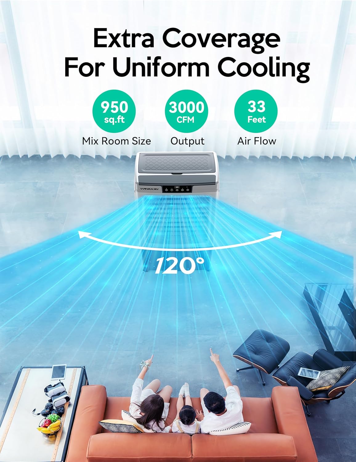 Swamp Cooler, 3100CFM Evaporative Air Cooler with 3 Modes & Wind Speeds