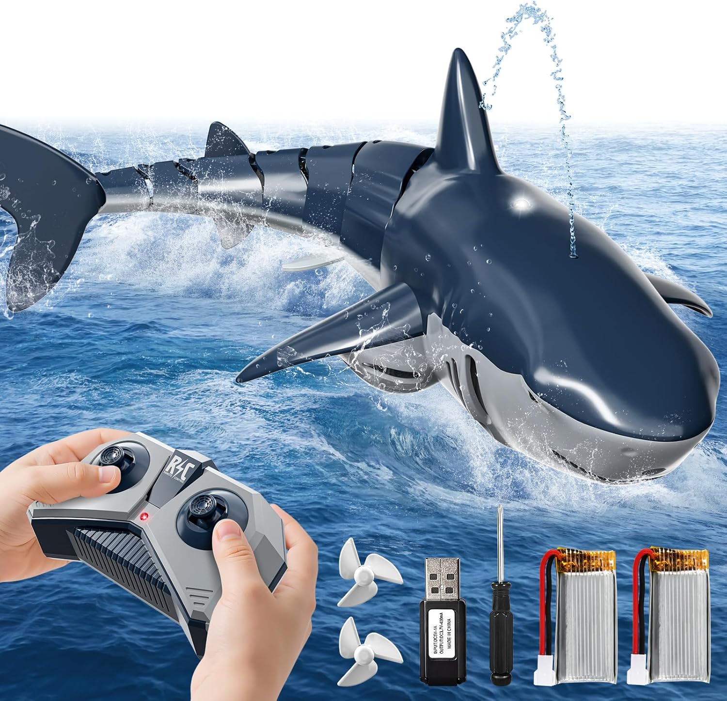 2.4GHz Remote Control Shark Toys for Boys,1:18 Scale High Simulation Shark Toys with Light & Spray, RC Sharks for Pools & Lakes, Toy Shark Boat Gift for 6 7 8 9 10 Year Old Kids Boys Girls