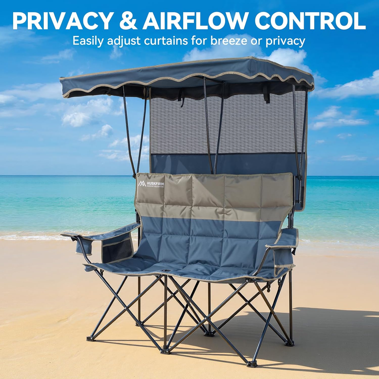 Double Beach Chair With Canopy Shade Camping Chair With Canopy Oversized Double Camping Chair With Canopy Folding Loveseat Chair With Two Cup Holders and Cooler Bag For Camping,Beach, Fishing