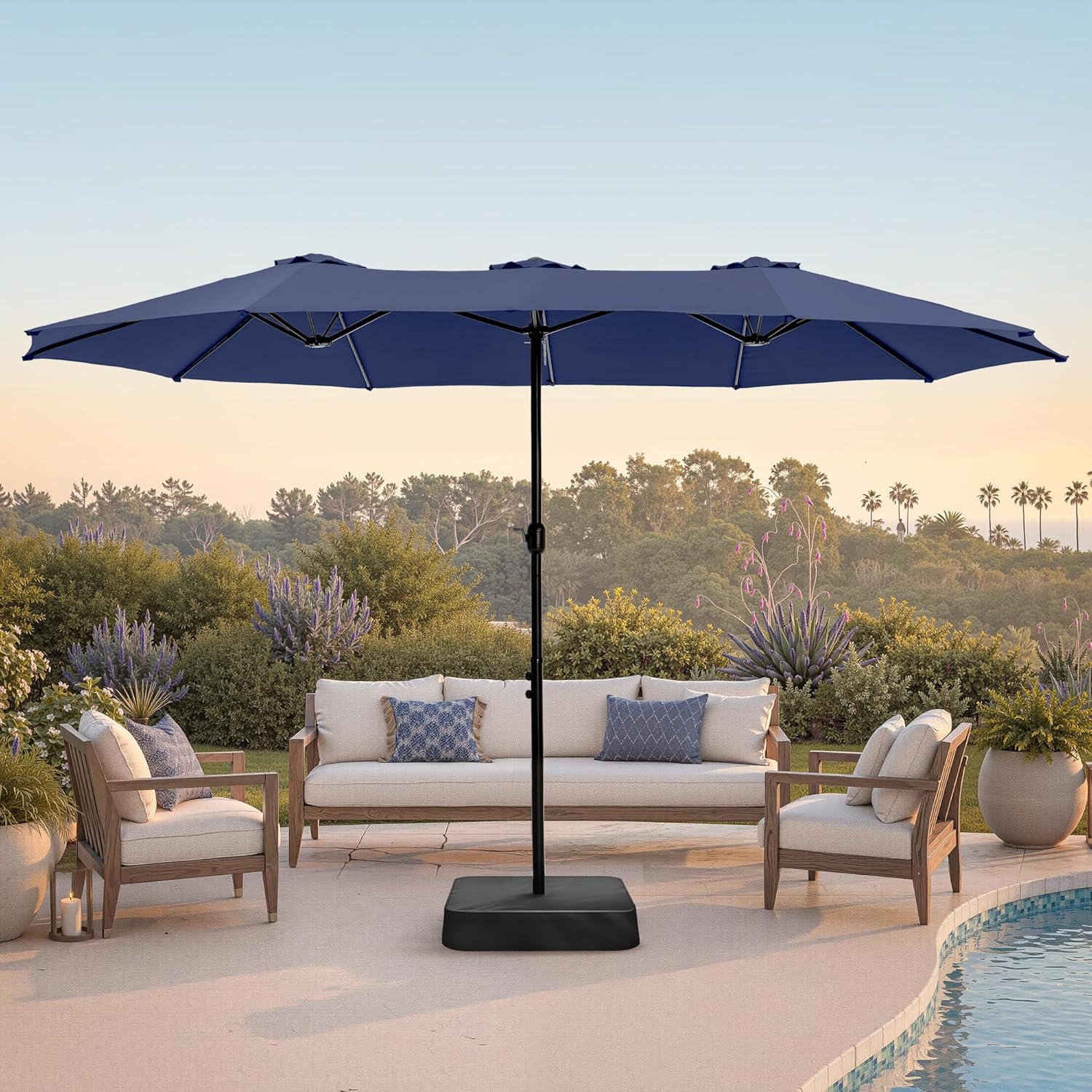 15ft Large Patio Umbrellas with Base, Outdoor Double-Sided Rectangle Market Umbrella for Pool Lawn Garden, Mint Green