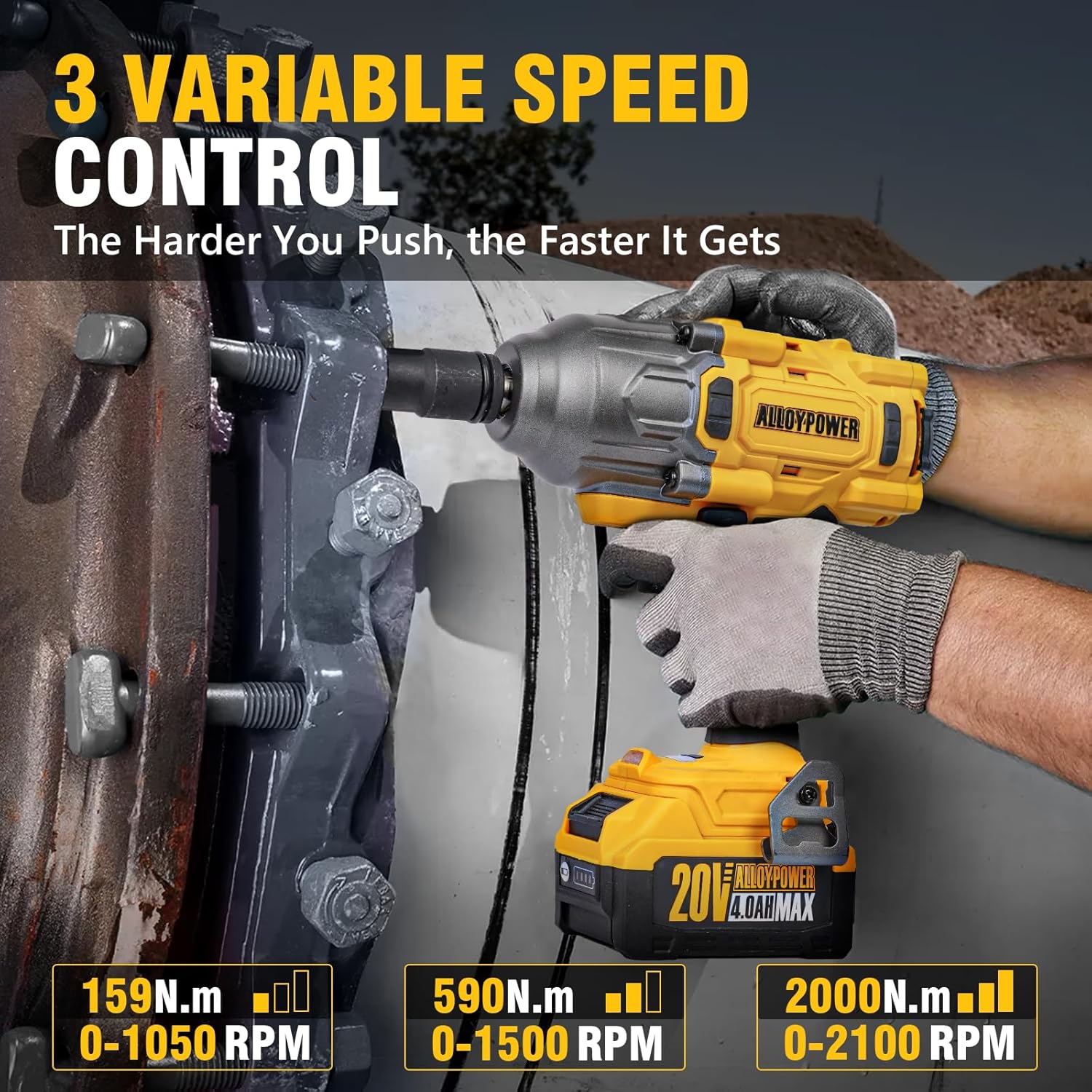 Cordless Brushless Impact Wrench, 1475 ft-lbs (2000N.m), 1/2 High Torque power impact gun, 3-Mode Speed, 4000mAh Battery