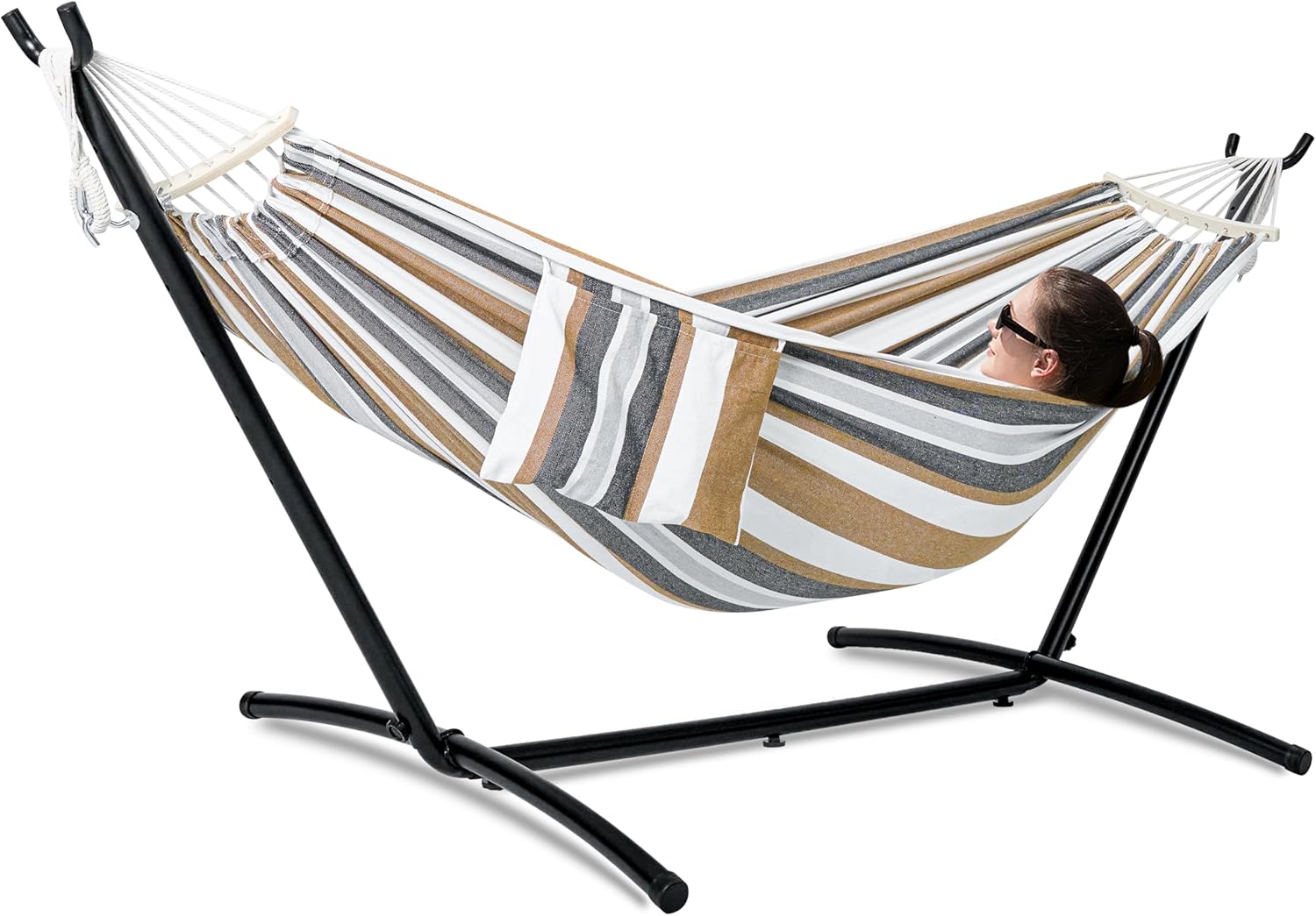 Double Hammock with Stand for Outside, Upgraded Spreader Bar, Heavy Duty Space Saving Steel Stand 2 Person, Convenient Pocket, Easy Assembly, 600lbs Weight Capacity, Indoor & Outdoor