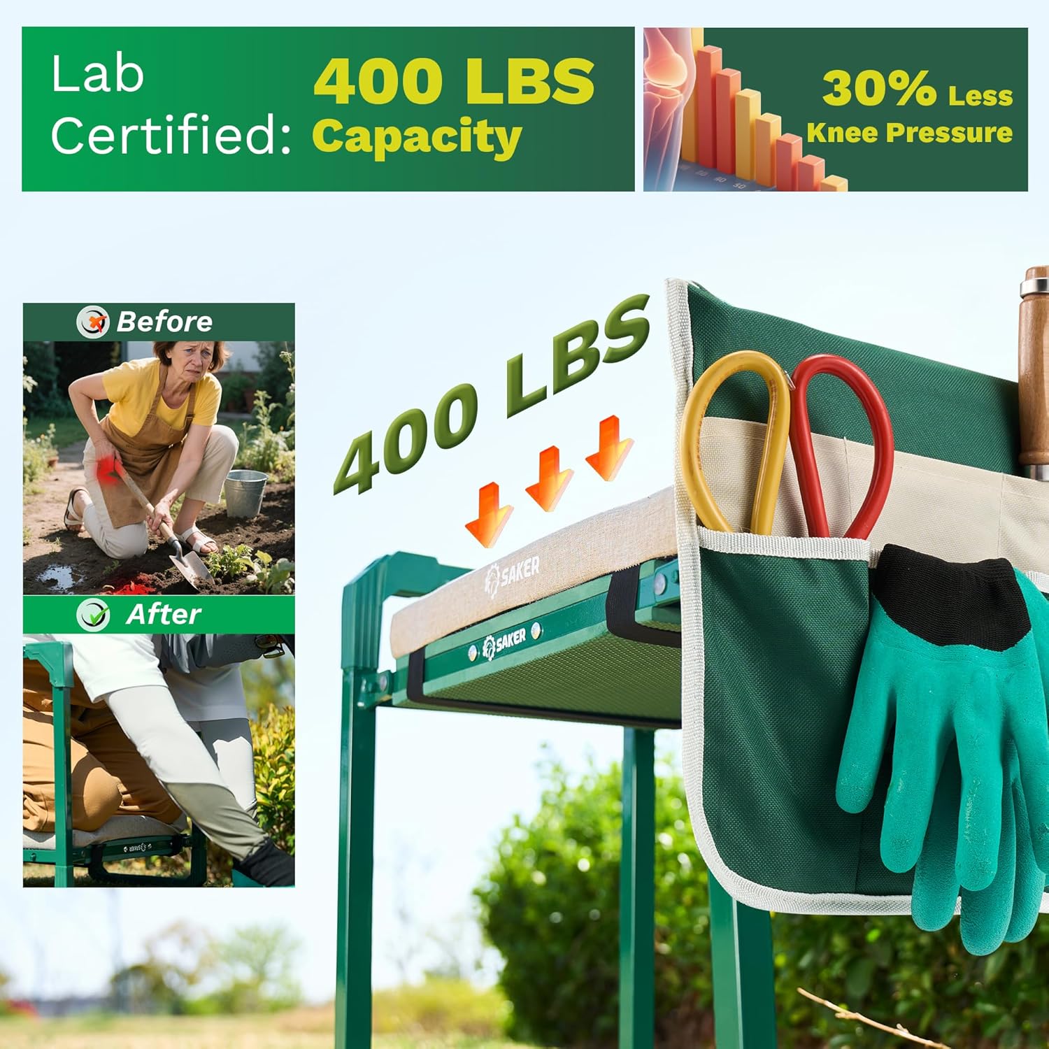 Garden Kneeler and Seat Foldable Gardening Stool with Extendable Legs & Thickened Pad, Tool/Storage Bag, Heavy Duty 400lbs Support for Elderly, Gardening, Outdoor Use