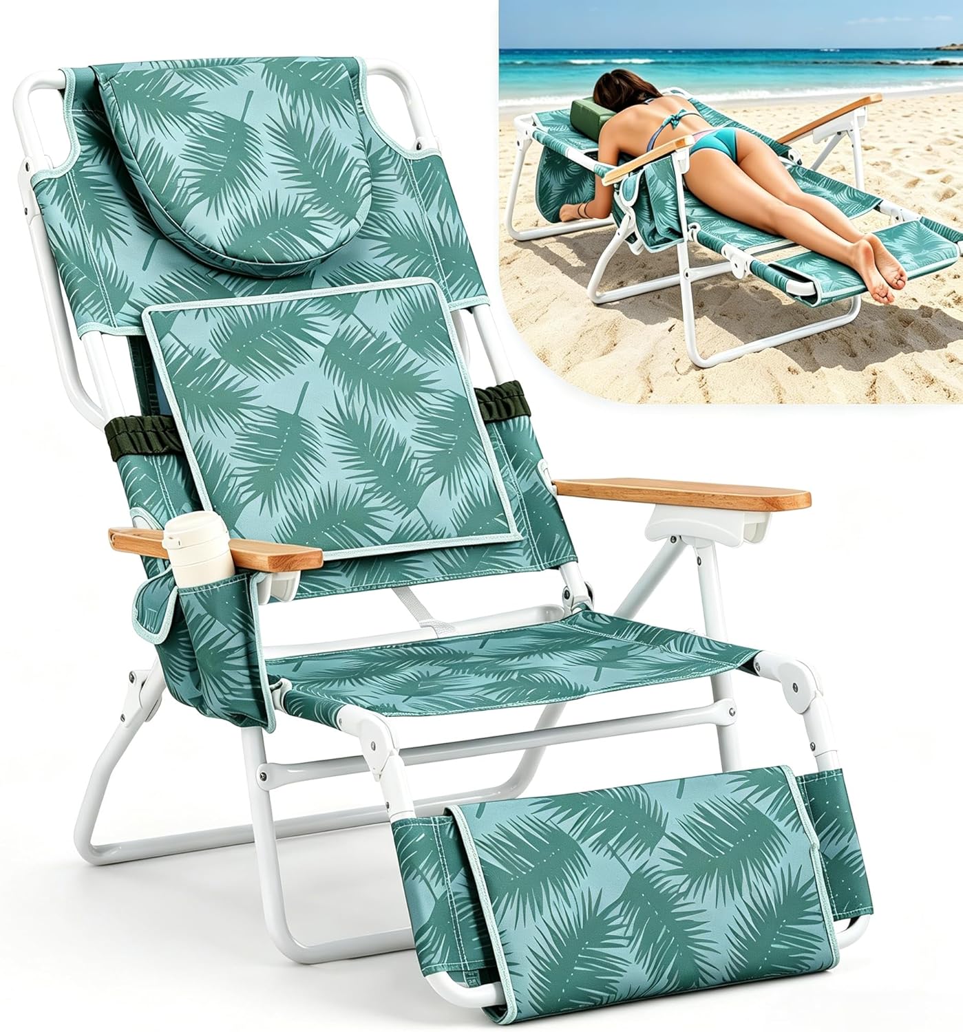 3-in-1 Beach & Tanning Chair – Reclining Lounge with Face Hole, Footrest, Cup Holder & Storage Pocket