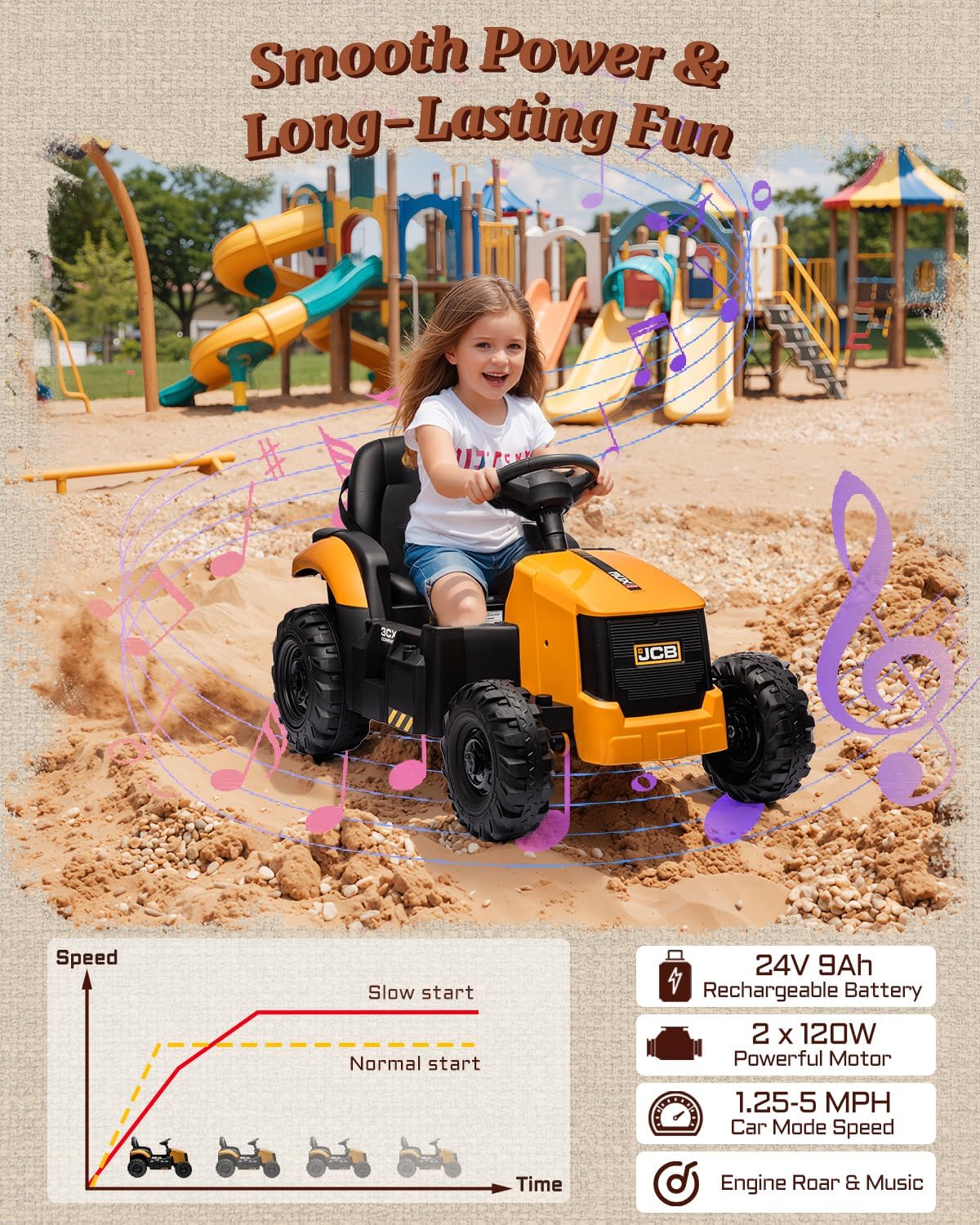 24V Excavator Ride On Toys for Kids, Backhoe Digger Toy with Reversible Seat