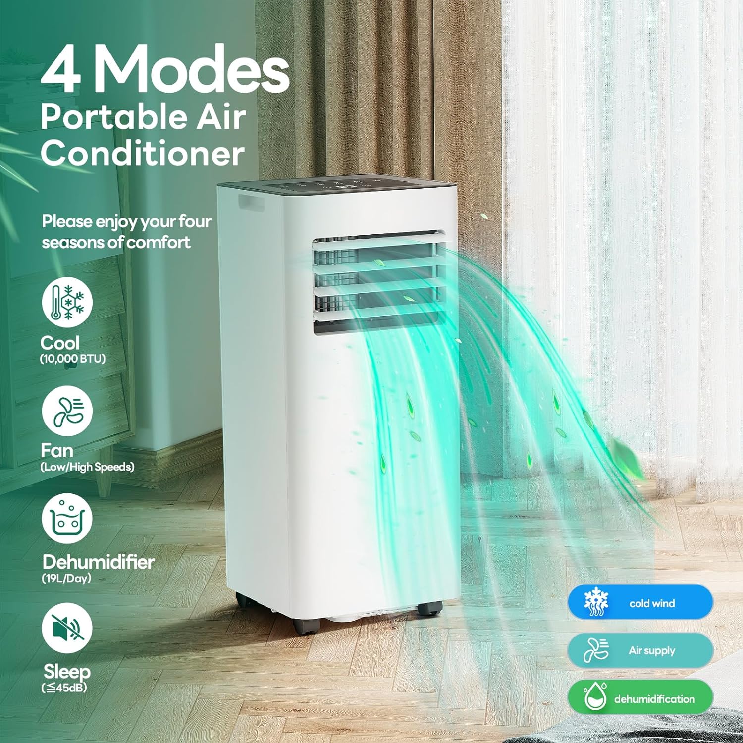 Portable Air Conditioner – 4-in-1 AC, Dehumidifier & Fan, Quiet, Remote Control, Sleep Mode, 24H Timer, for Rooms up to 450 sq.ft
