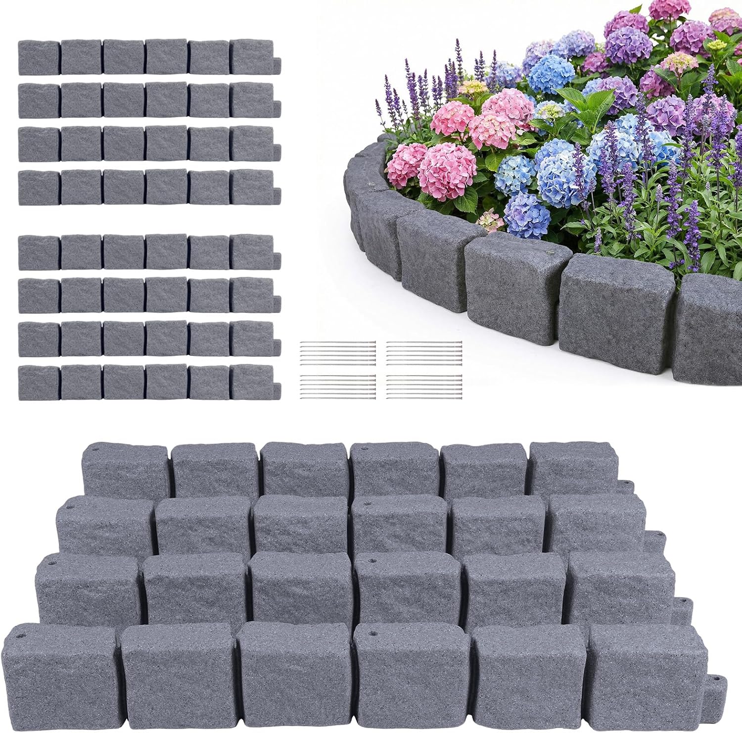 Faux Stone Landscape Edging Decorative Stone-Look Garden Border with 24 Pieces Spikes 12pcs for DIY Outdoor Yard Landscaping