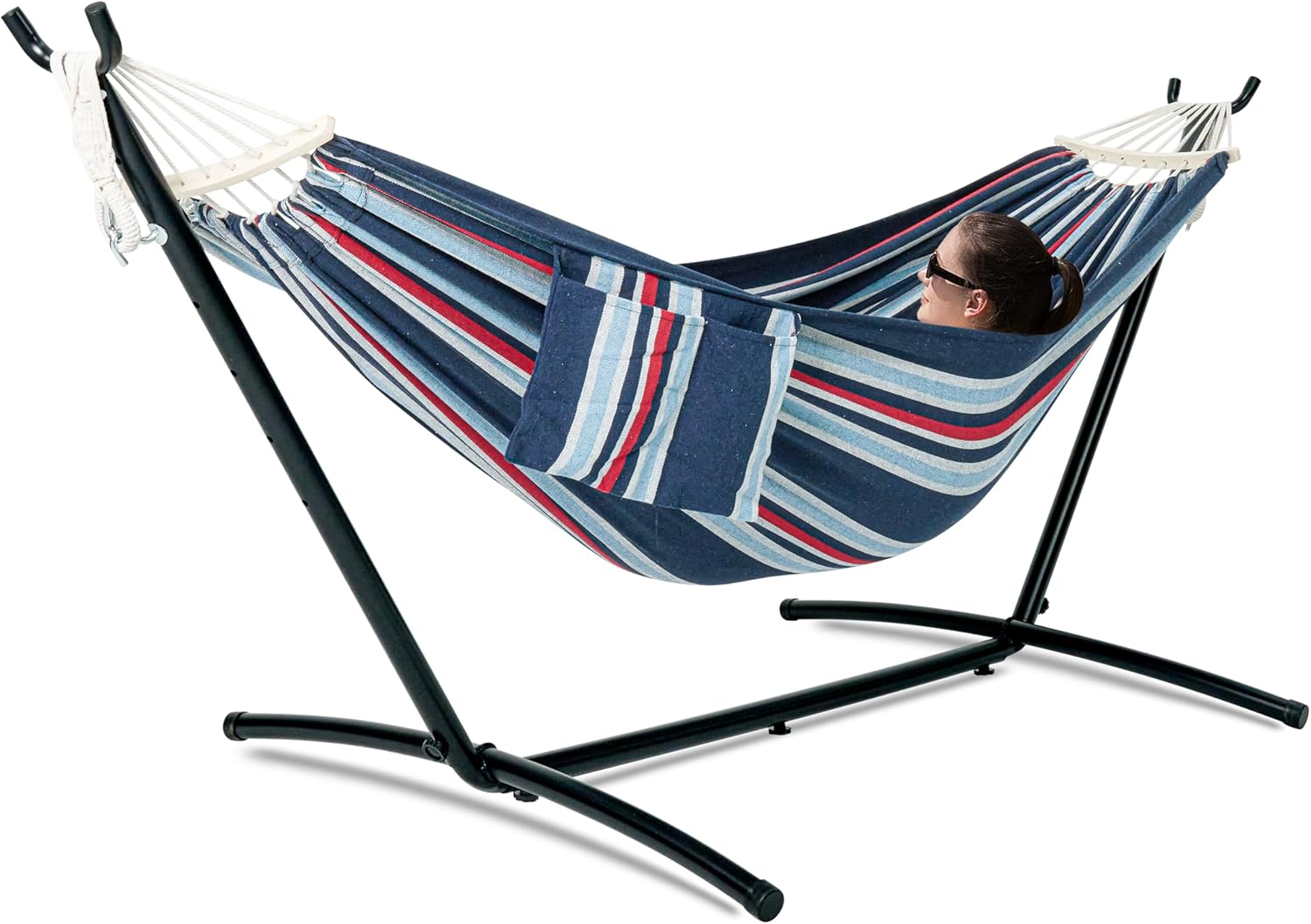 Double Hammock with Stand for Outside, Upgraded Spreader Bar, Heavy Duty Space Saving Steel Stand 2 Person, Convenient Pocket, Easy Assembly, 600lbs Weight Capacity, Indoor & Outdoor
