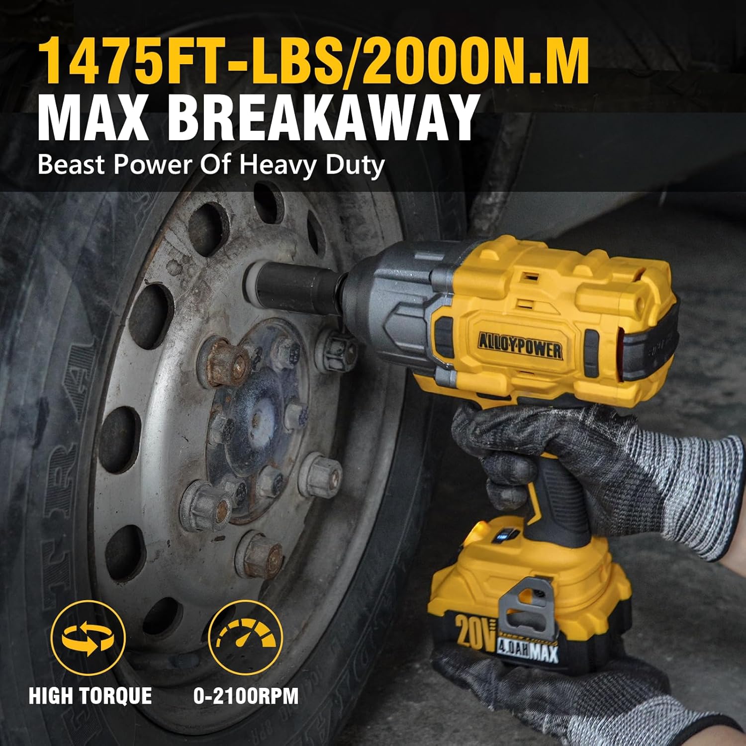 Cordless Brushless Impact Wrench, 1475 ft-lbs (2000N.m), 1/2 High Torque power impact gun, 3-Mode Speed, 4000mAh Battery
