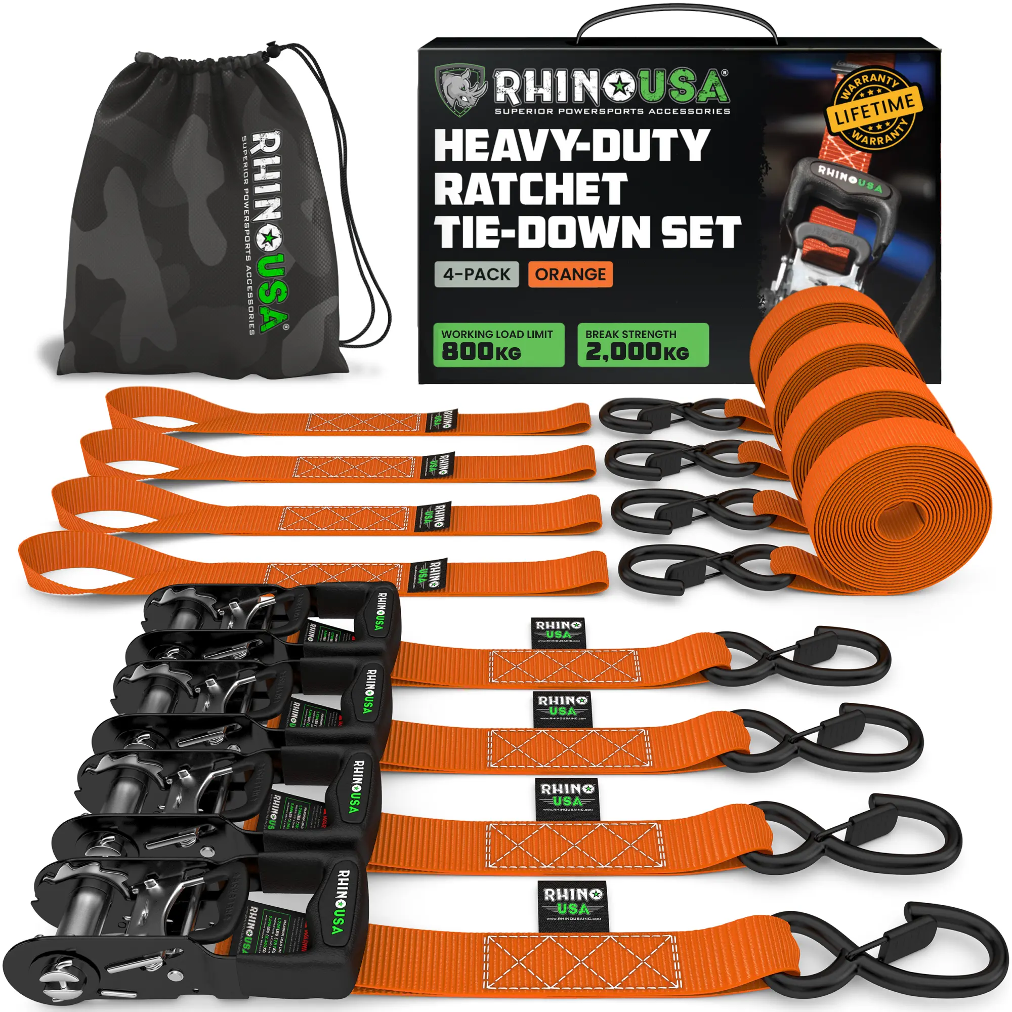 TRADITIONAL Ratchet Straps Heavy Duty Kit - 1.6 Inch x 8ft -15ft (5,208lb Break Strength) 2-4 pack