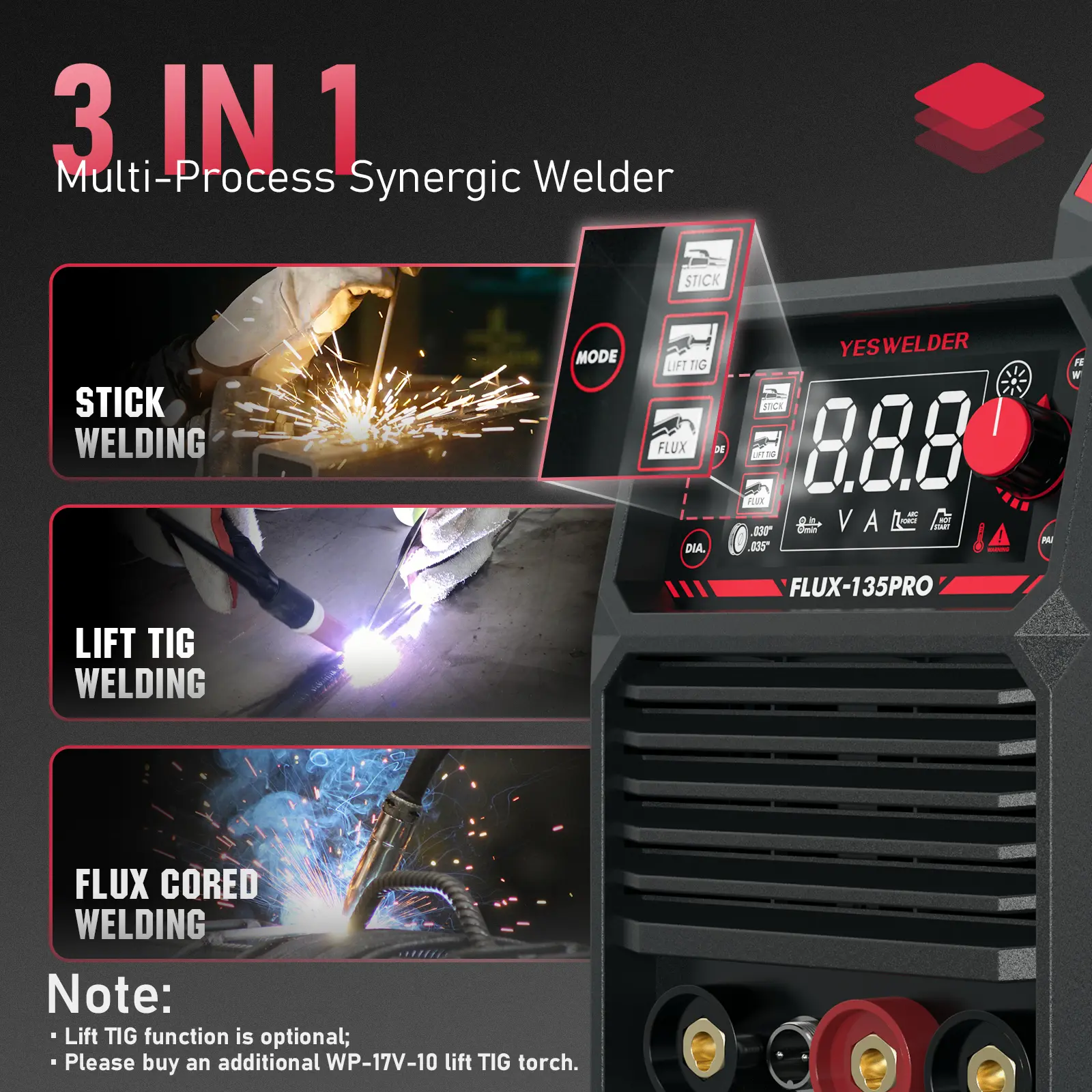 110V 135Amp Flux Core MIG Welder with LYG-L600A Welding Helmet | Gasless MIG/Lift TIG/Stick 3-in-1 Digital Display Welding Machine