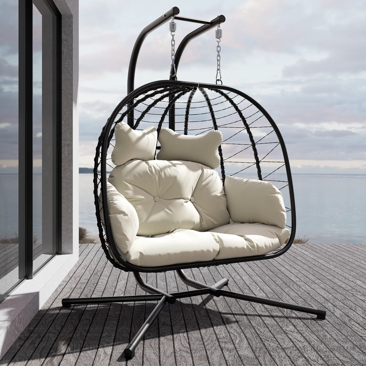 Double Hanging Egg Chair – Foldable Wicker Patio Swing with Cushions, Rust-Resistant Frame & 700 lb Capacity