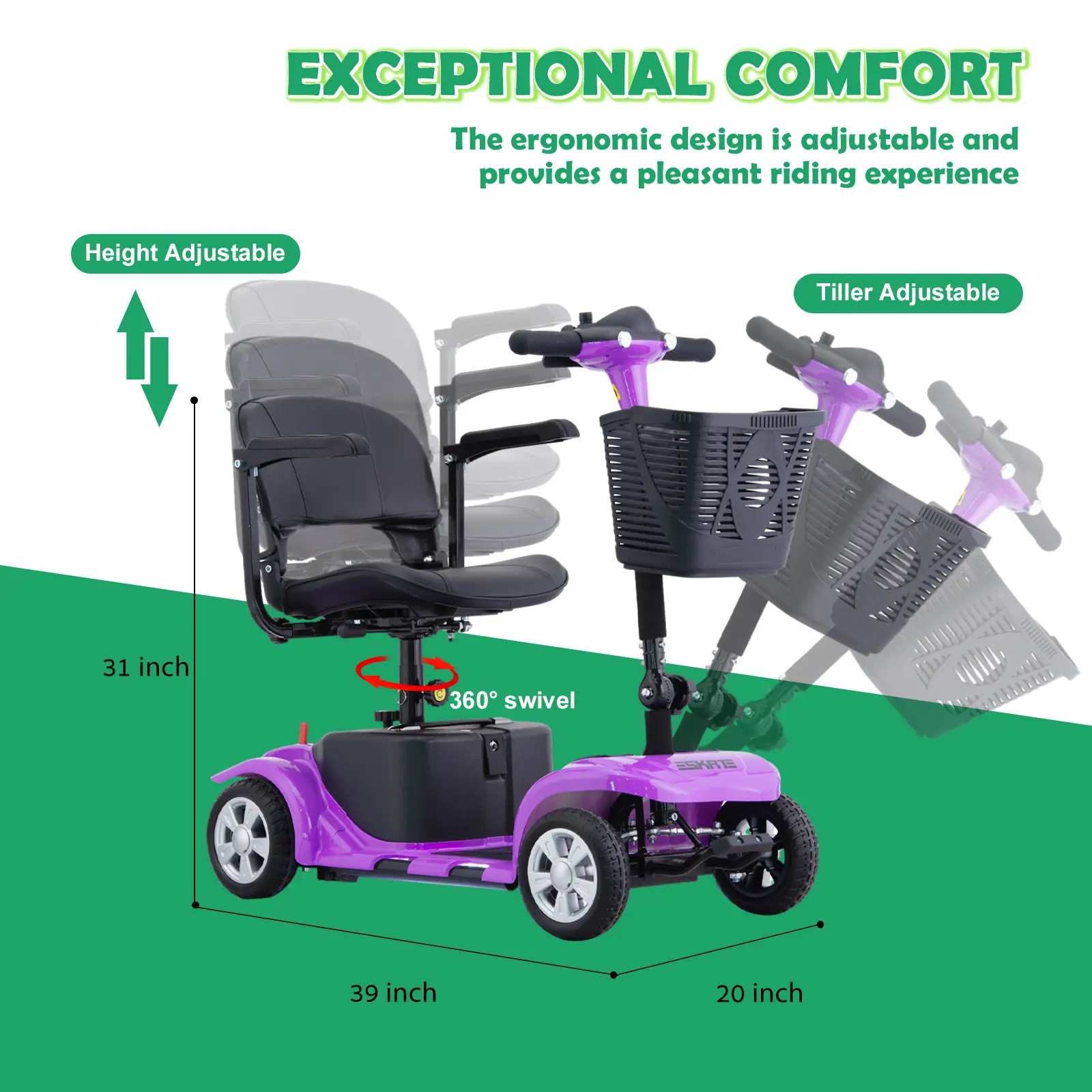 4-Wheel Portable Mobility Scooter – Electric Scooter with Removable Battery, LED Headlight & Basket, 300 lbs Capacity