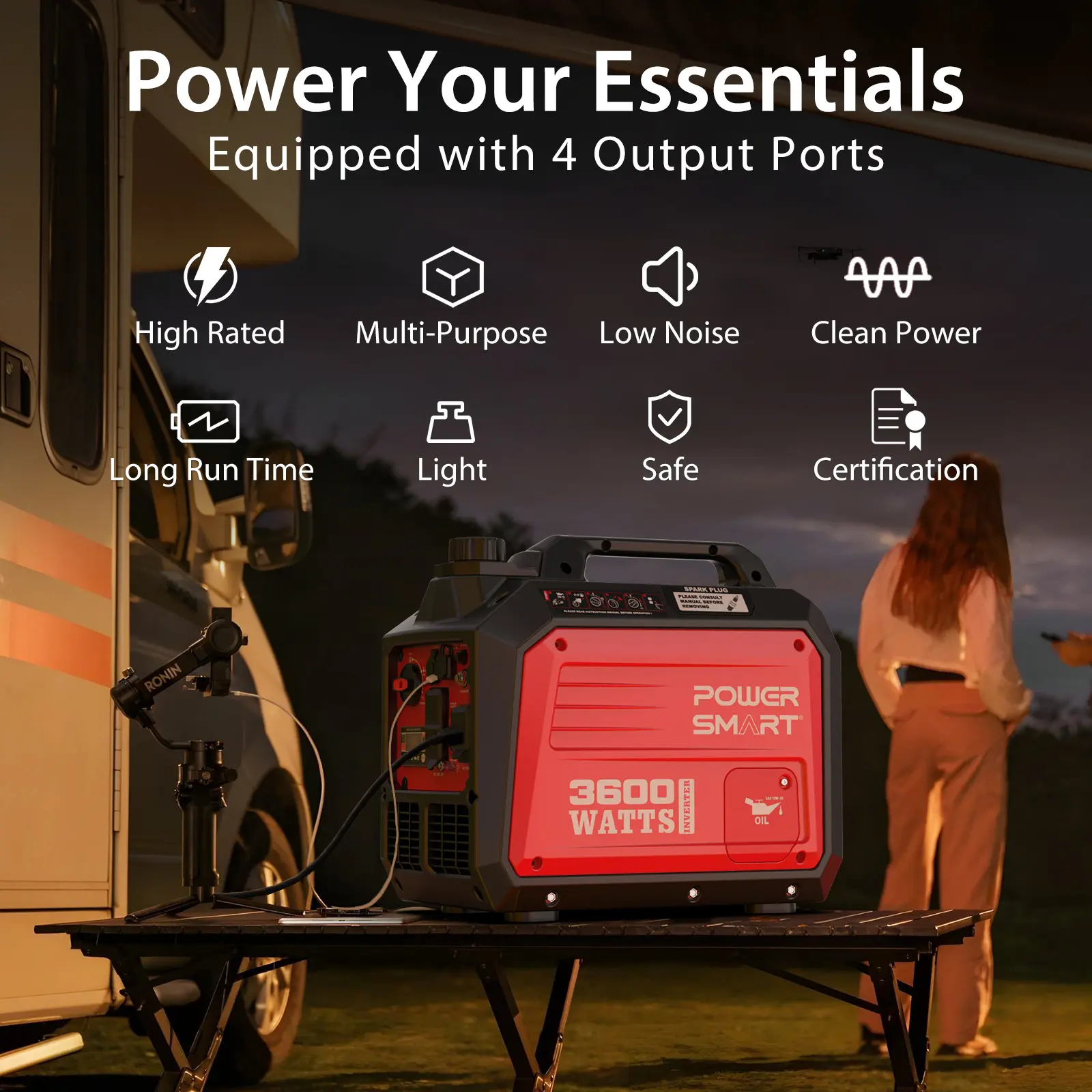 3600 Watt Quiet Portable Inverter Generator,RV Ready 30A Outlet,Parallel Capable,Emergency Use Camping, EPA Compliant,Hurricane, Emergency,Safe & Long-lasting usage,All Season