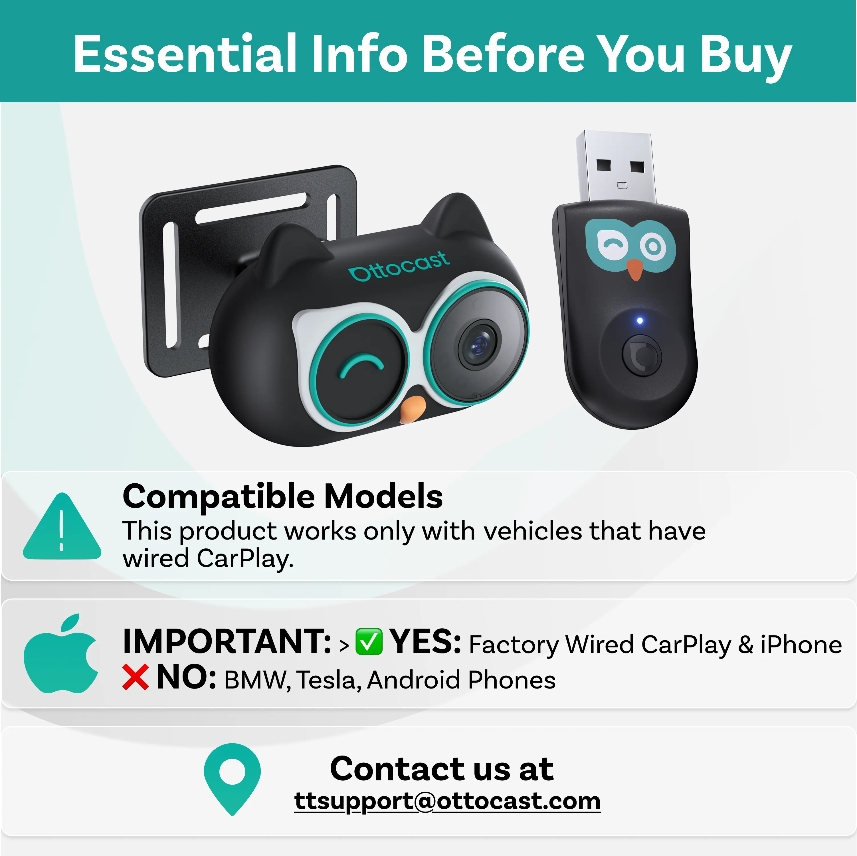 OTTOCAST Baby Car Camera &Wireless CarPlay Adapter,1080P HD Rear Seat Monitor Display on Car Screen,150°Wide Angle No-Glow Night View, Safety for Kids & Infants