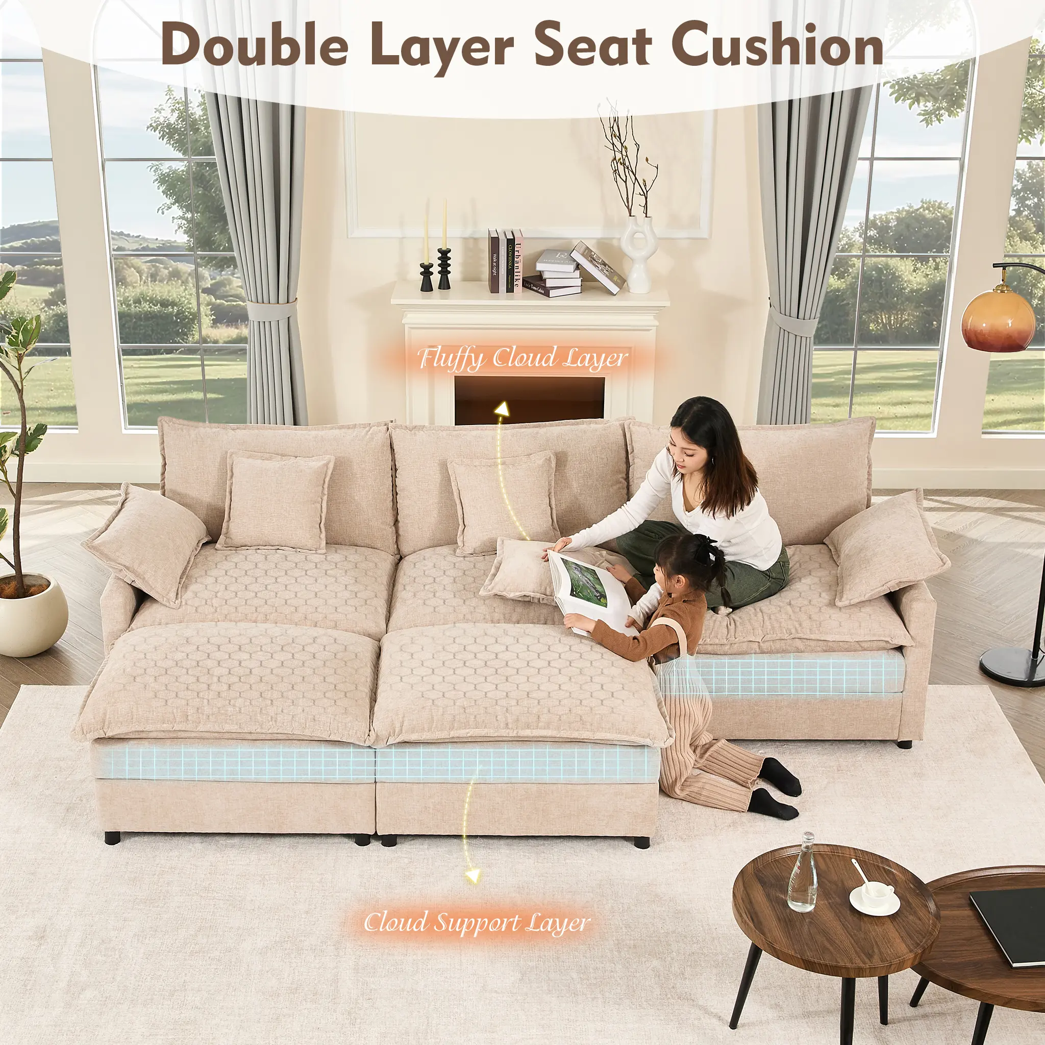 108" U-Shaped Modular Sectional Sofa - Comfy Cloud 3-Seater with 2 Movable Ottoman, Cloud Sofa,Deep Seat Linen Couch for Living Room, Beige Color ,Comfort & Stylish Design,Chenille pink
