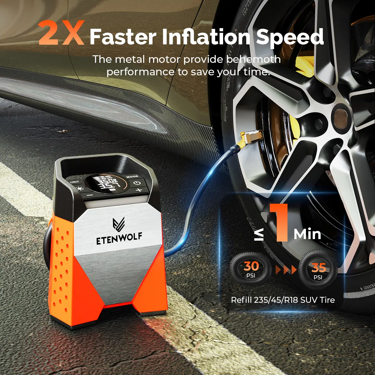 160PSI Car Air Pump & Tire Compressor, Portable Cordless Pump with Auto Stop, 7800mAh Battery for Flat Tires, SUVs, Bikes –  (Vivid Orange) Emergency Air Pump outdoorfun