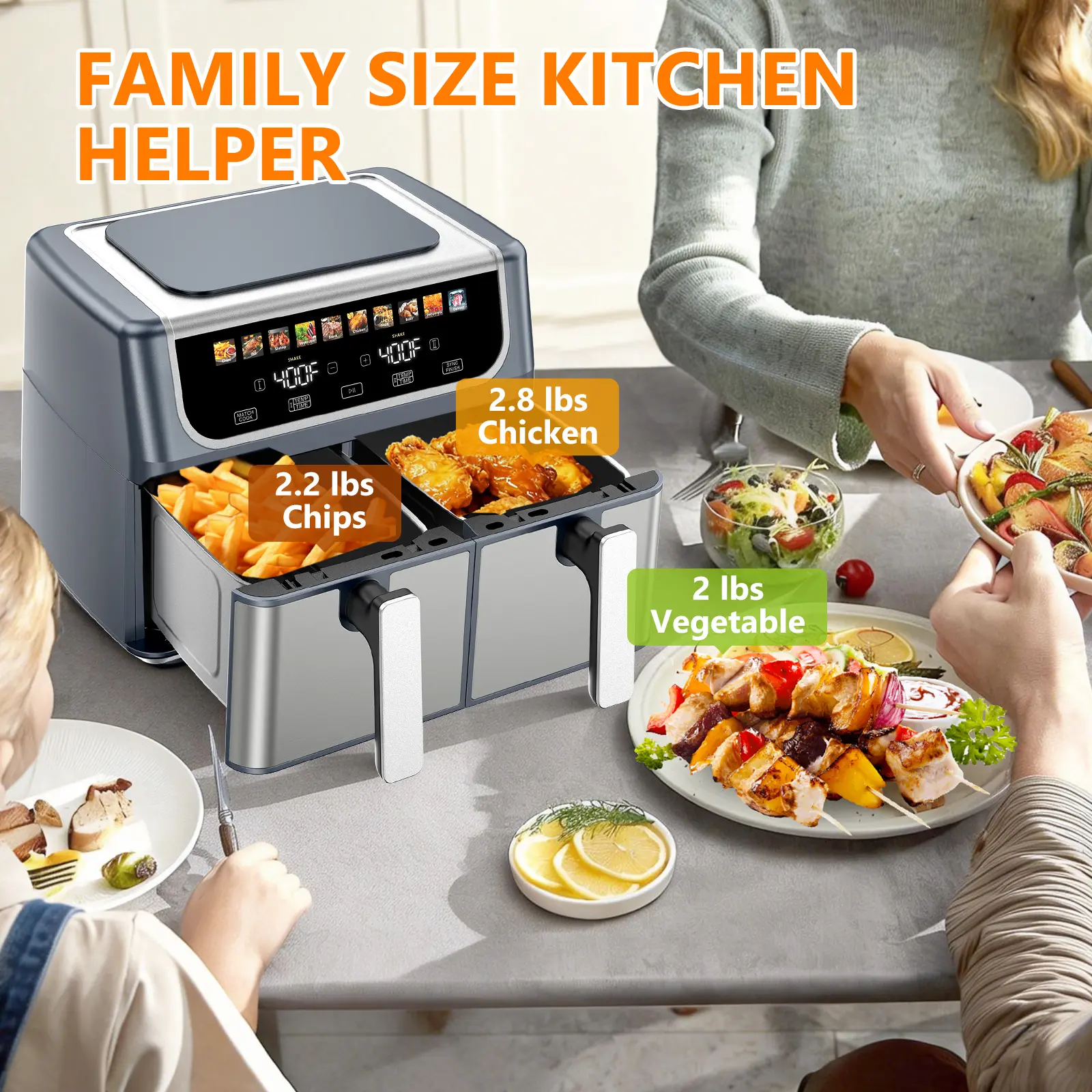 9QT Dual Basket Air Fryer, Oven 10-in-1，2 Independent Nonstick Baskets with Easy View Windows, Sync Finish & Hi-Fry Functions,Wide Temperature Range (200°F – 450°F)， Digital Double Air Fryer