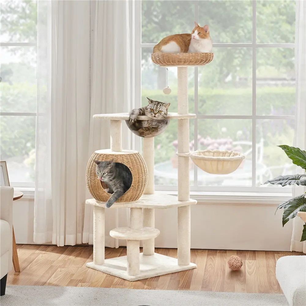 54'' Rattan Cat Tree Tower – Woven Condo, Clear Bowl, Washable Cushions & Scratching Posts for Indoor Cats