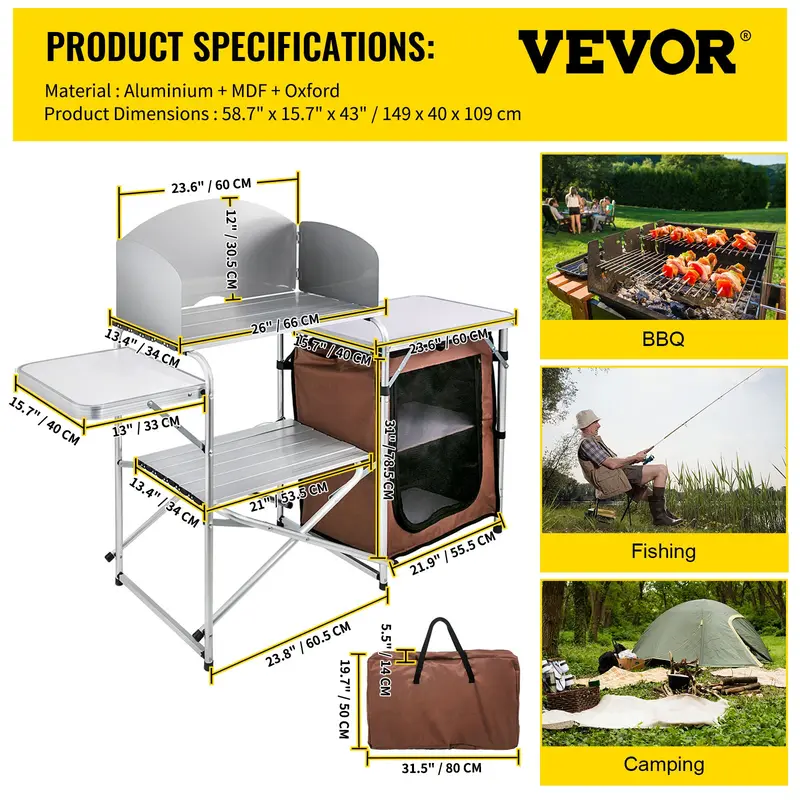 Folding Camping Kitchen Table – Quick Setup, 3 Adjustable Heights, Portable MDF Table for BBQ, Camping & RV Travel