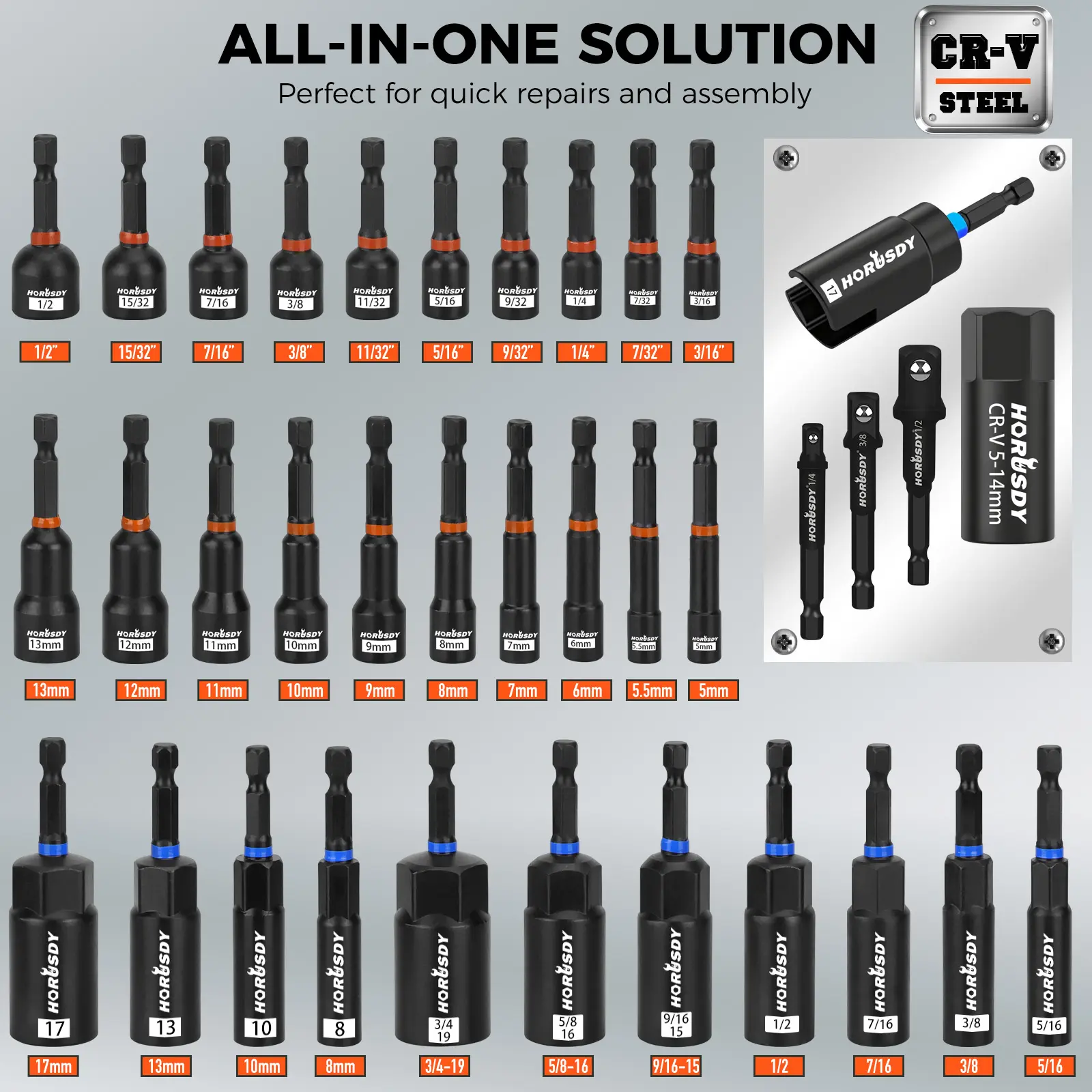 Upgraded 79-Piece Magnetic Impact Nut Driver Set, Metric & SAE with 3LB Magnetic Pickup Tool, Socket Adapters, Wing Nut Driver, Universal Sockets, Quick-Change Bit Holder & Extensions, Power Bits