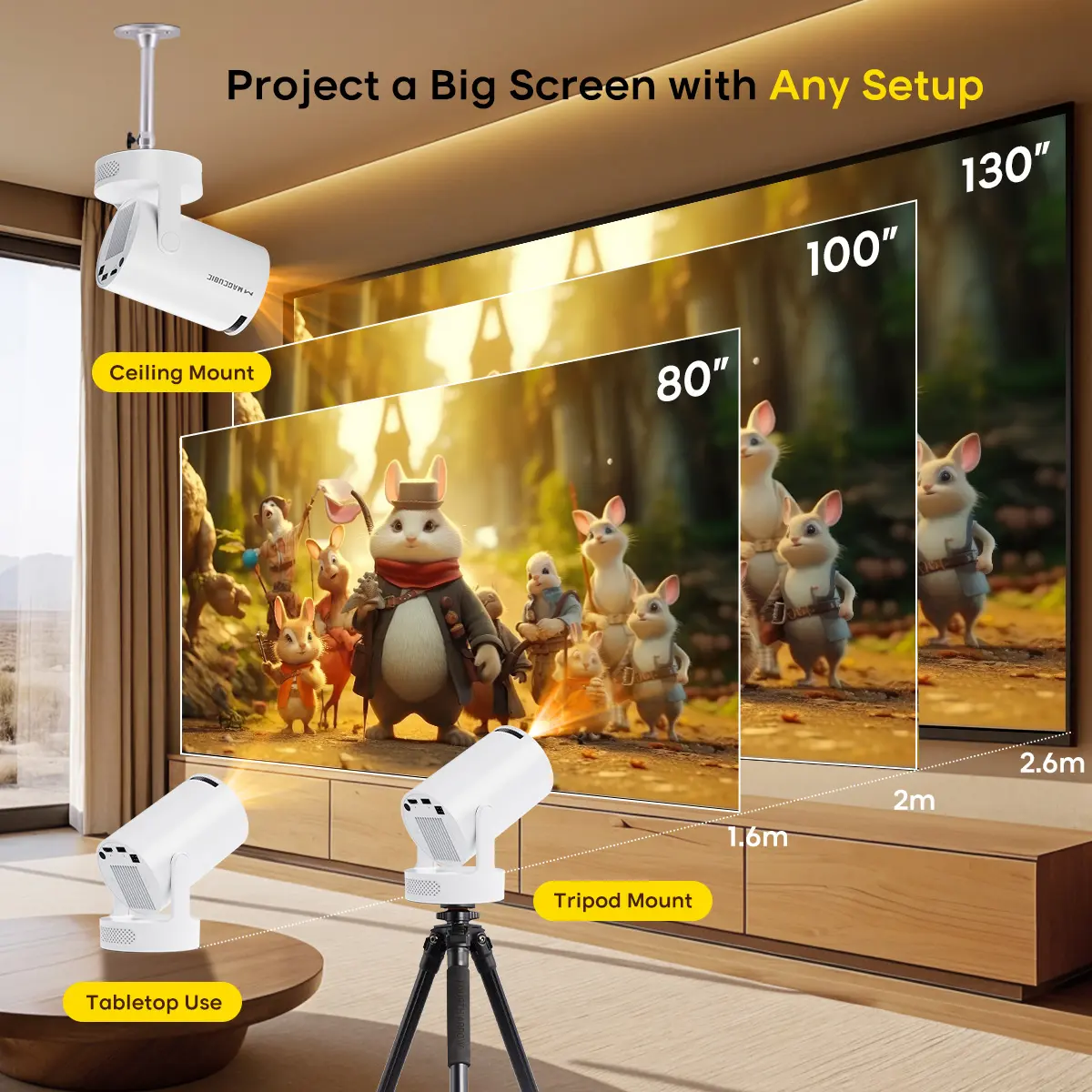 Smart Projector HY300Pro+ with 4K Decode 290ANSI Auto Keystone Correction Built-in 5W speaker Dual WiFi6 Wireless BT5.4 Android 14 Native 1280*720P