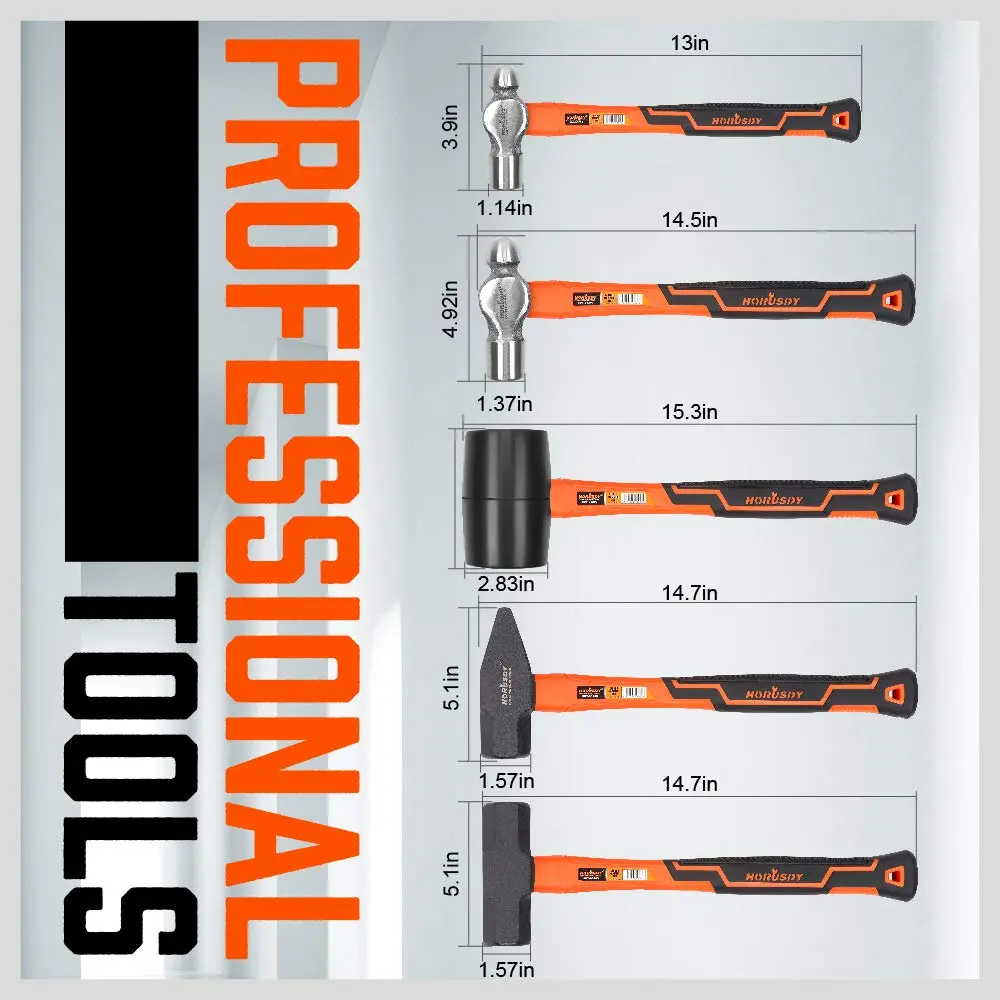 5-Piece Hammer Set, 16oz Ball Pein Hammer | 32oz Ball Pein Hammer | 32oz Rubber Mallet | 3lb Sledge Hammer | 3lbCross Peen Hammer