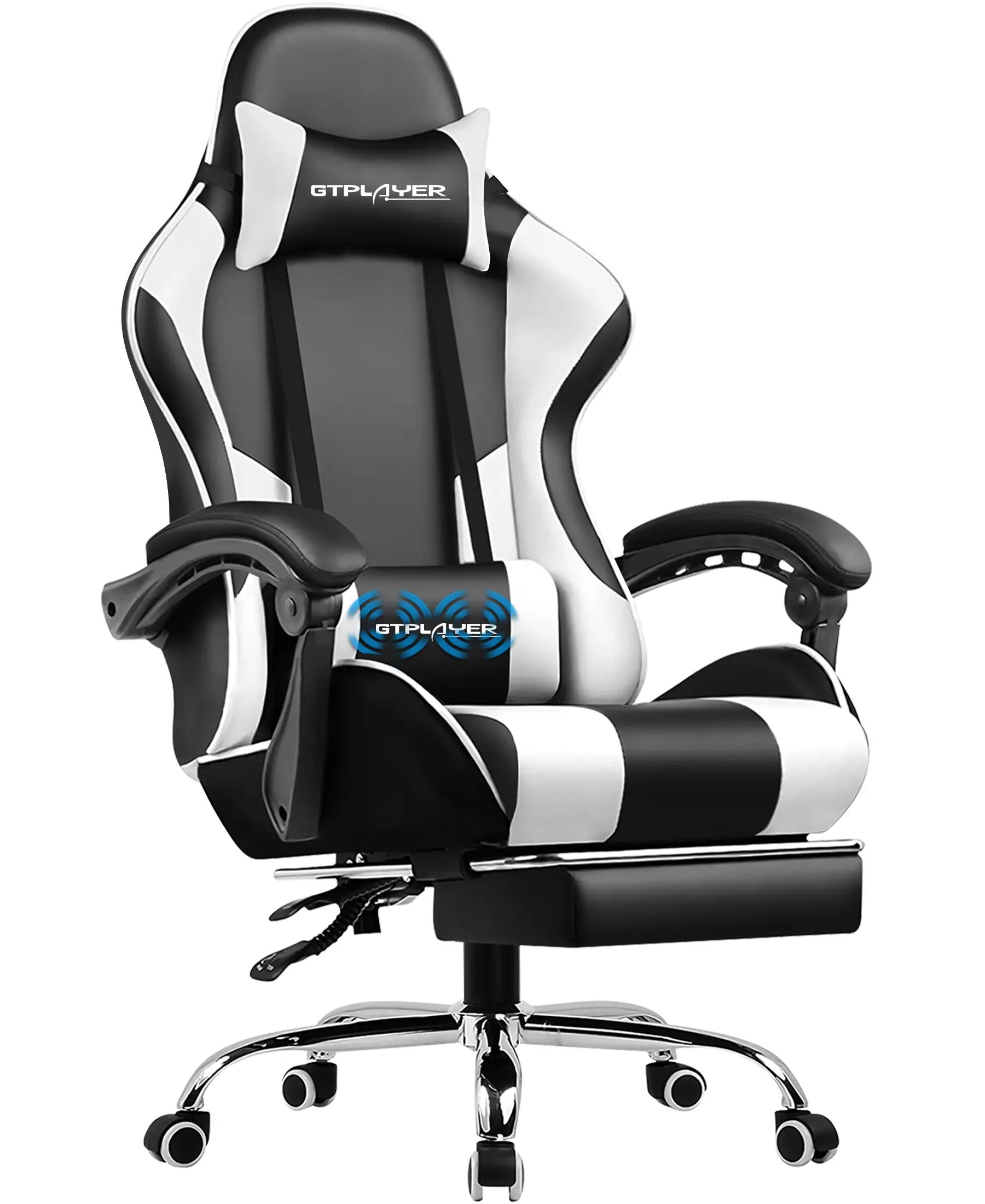 PU Leather Computer Gaming Chair - Ergonomic 360° Swivel Office & Man Cave Furniture with Padded Arms, Footrest, Lumbar Support, Headrest, Height Adjustment (Pearl White)